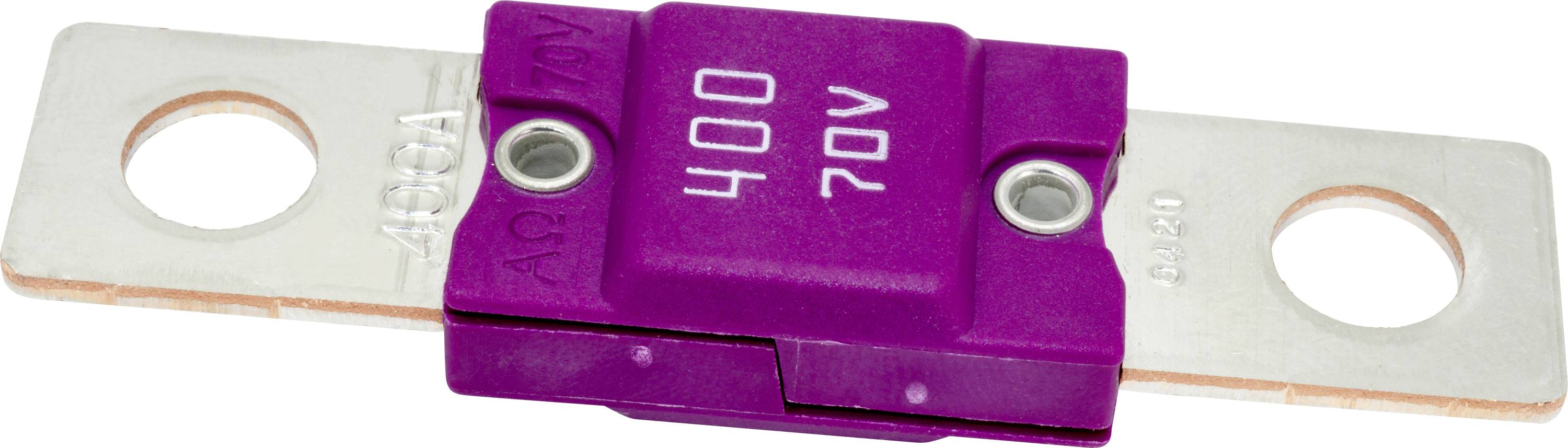 Eine lila Kfz-Sicherung mit der Markierung '400 70V', die eine Bewertung von 400 Ampere und 70 Volt anzeigt und für Hochleistungsanwendungen konzipiert ist.