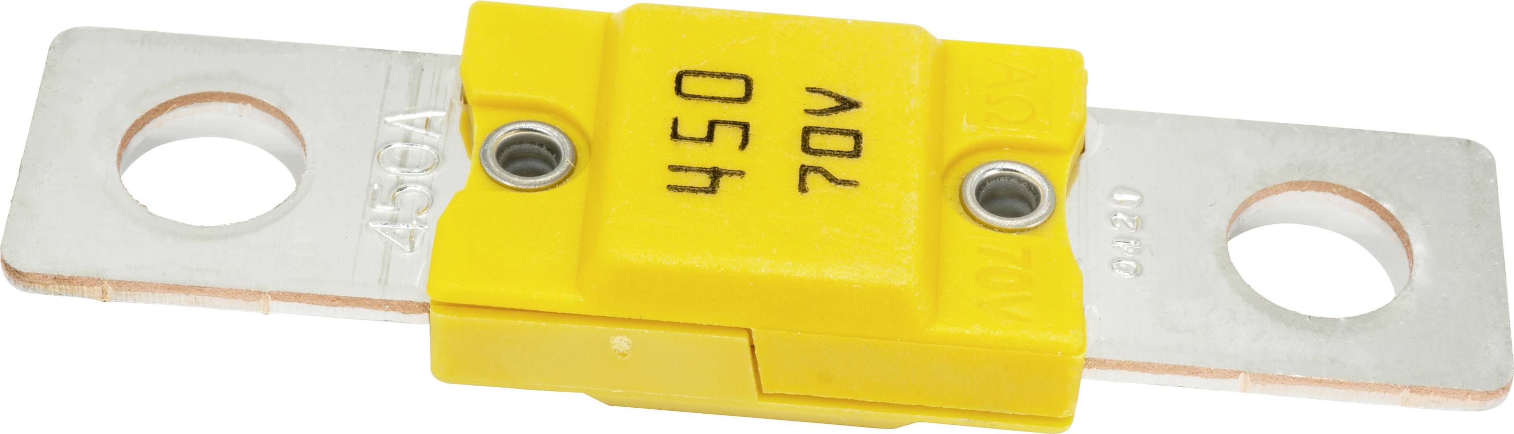 Eine gelbe Autosicherung mit der Beschriftung '450A 70V', die an beiden Seiten Metallhalterungen für elektrische Verbindungen aufweist.