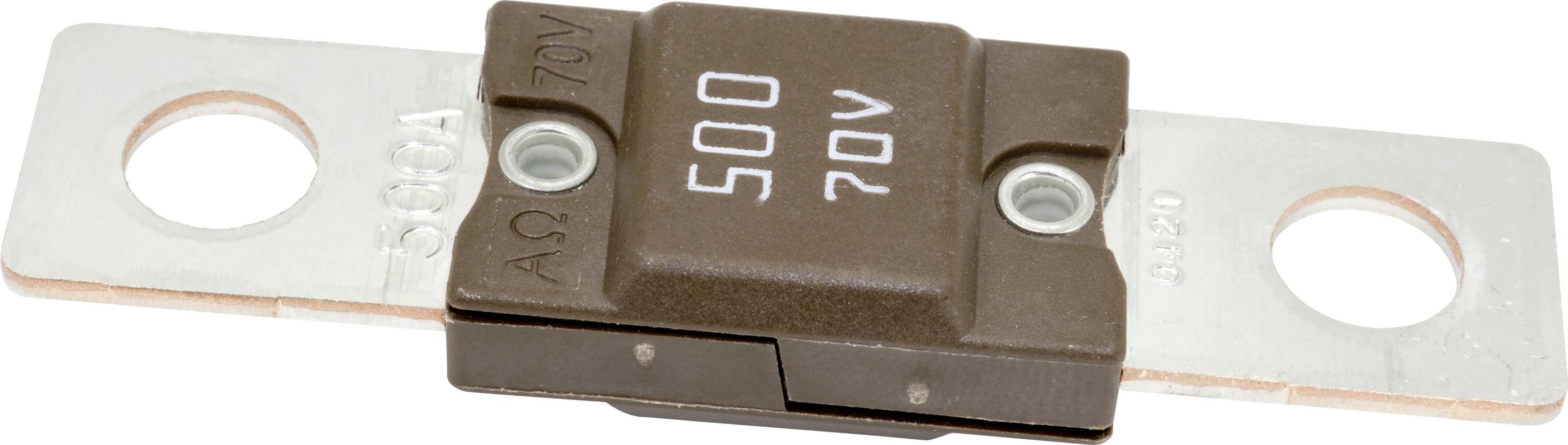 Eine braune Kfz-Sicherung mit Metallkontakten, beschriftet mit '500 70V', zur Schutz elektrischer Schaltkreise vor Überstromschäden.
