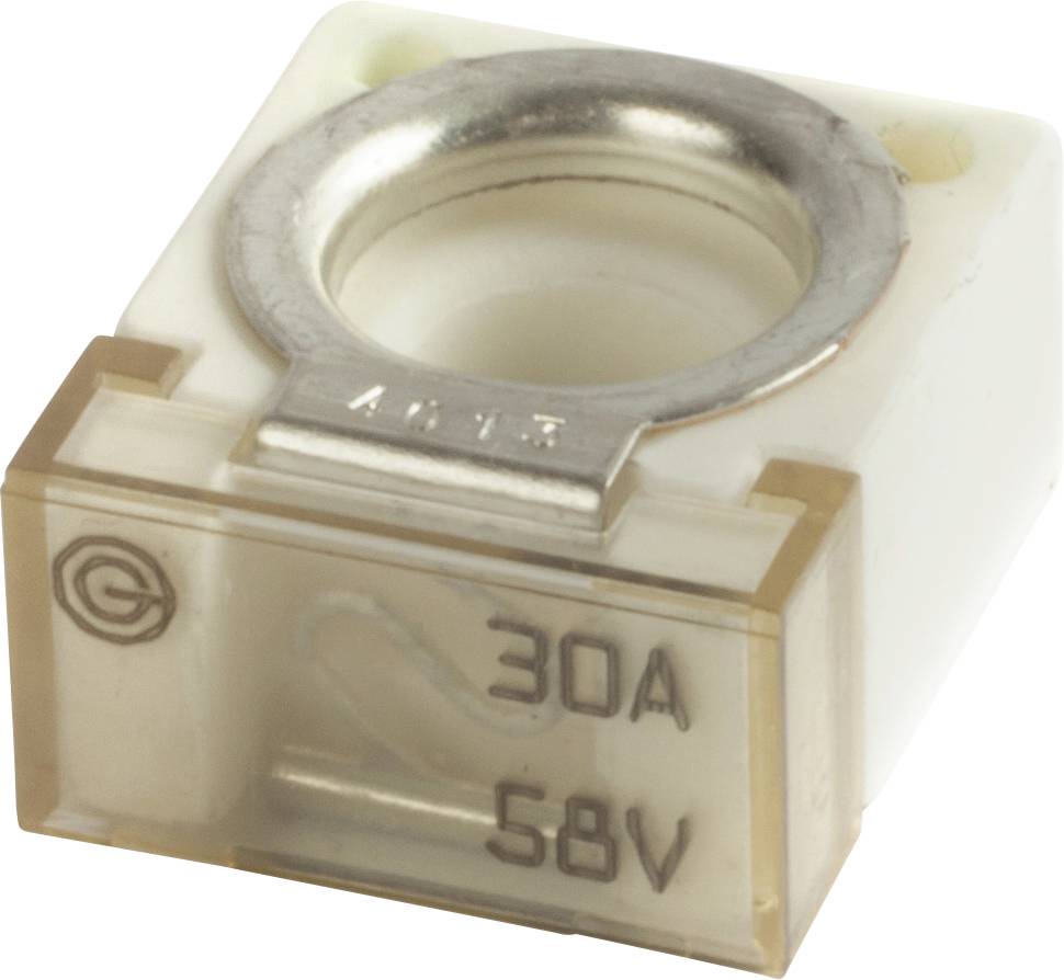 Eine weiße und beige 30-Ampere, 58-Volt-Sicherung mit einem kreisförmigen Metalltop und beschrifteten Markierungen.