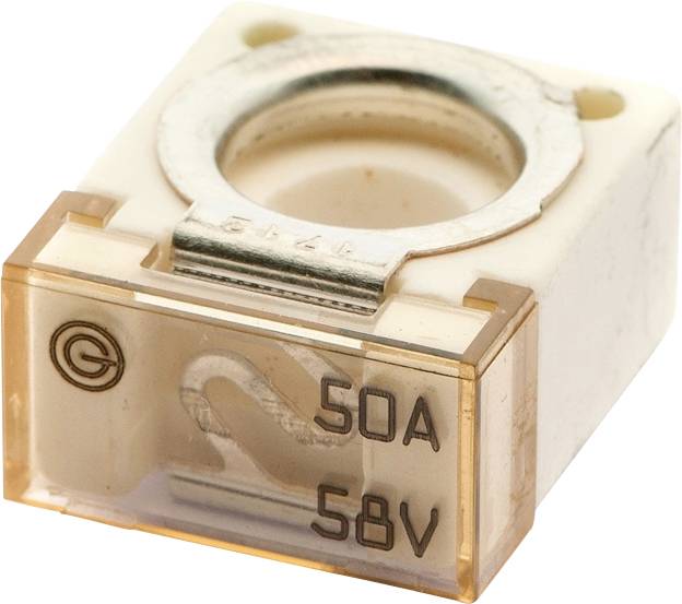 Eine weiße und orangefarbene 50A 58V Sicherung mit Glasabdeckung und Metallring, auf der ein Herstellerlogo auf der Vorderseite zu sehen ist.