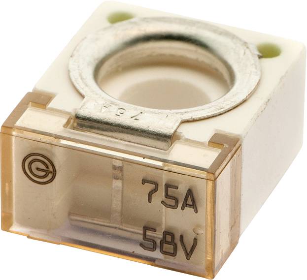 Eine kleine, beige elektrische Sicherung mit einer Metallschlaufe und dem aufgedruckten Text '75A' und '58V' an der Vorderseite, die zur Stromkreisabsicherung verwendet wird.