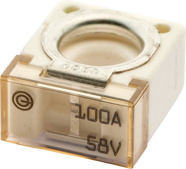 Eine quadratische, weiße elektrische Sicherung, die mit ‚100A' und ‚58V' beschriftet ist, mit einem Metallring oben.