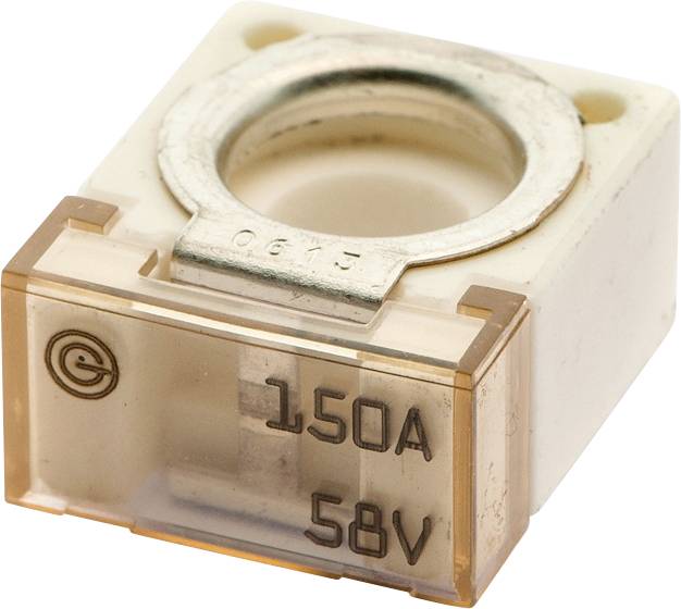 Eine weiße, quadratische elektrische Sicherung mit der Bewertung '150A 58V', die oben einen metallischen Ring und seitlich ein markiertes kreisförmiges Symbol aufweist.