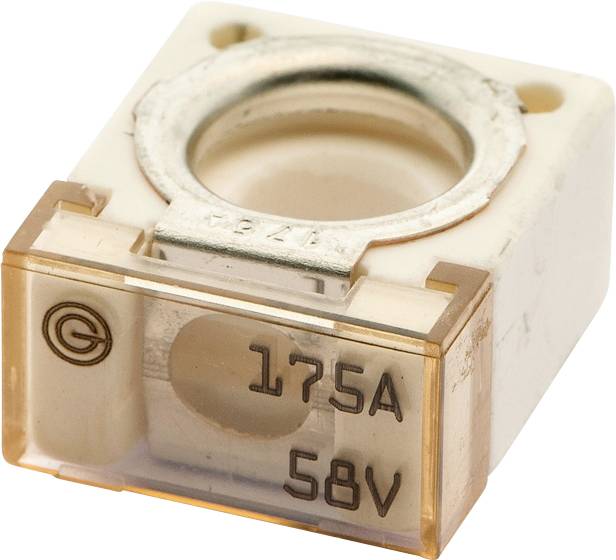 Eine quadratische, weiße Keramik-Sicherung mit der Bewertung '175A 58V' und einer durchsichtigen Frontplatte, auf der ein Metallverbinder an der Oberseite zu sehen ist.