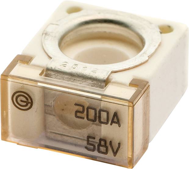 Eine 200-Ampere, 58-Volt-Keramik-Sicherung mit transparentem Deckel, die die internen Komponenten zeigt. Geeignet für elektrischen Leitungsschutz.