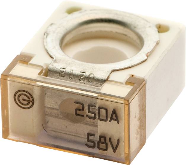 Ein quadratischer 58V 250A Sicherungseinsatz mit transparentem Gehäuse, Metallkontakten und einer markierten 'G' auf der Oberfläche, der für elektrischen Schutz verwendet wird.