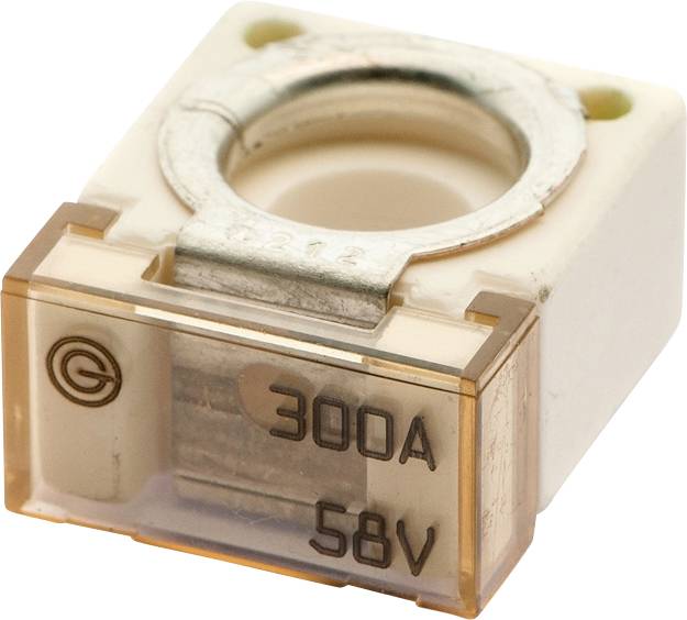 Eine quadratische elektrische Sicherung mit einer Nennleistung von 300 Ampere und 58 Volt, ausgestattet mit einer transparenten Abdeckung und metallischen Komponenten.