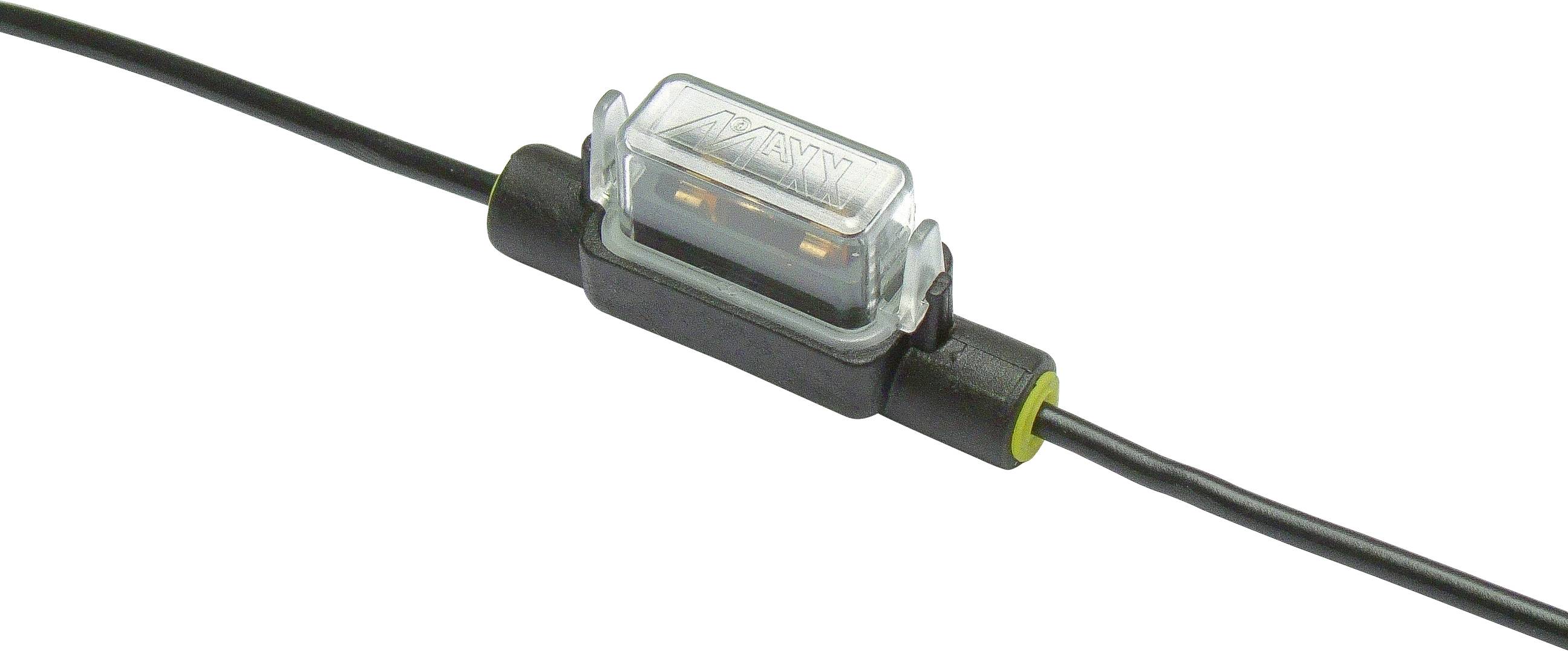 Ein Sicherungshalter mit transparenter Abdeckung ist mit elektrischen Leitungen verbunden und zeigt ein kompaktes und sicheres Design zum Schutz der Schaltung.