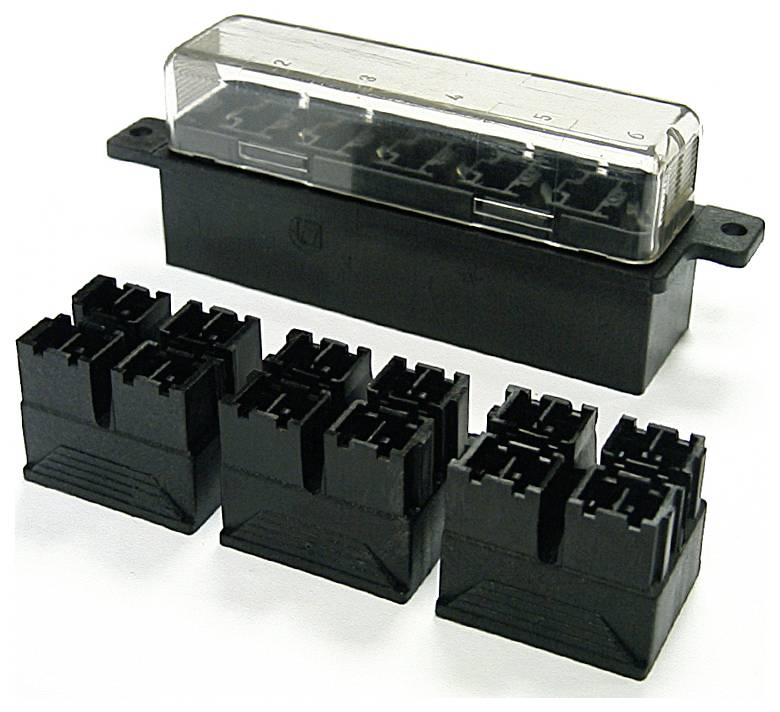 Ein 6-fach Sicherungshalter mit drei Anschlüssen, der vorne ausgestellt ist, zur elektrischen Verteilung und Schutz. Schwarz und transparent.