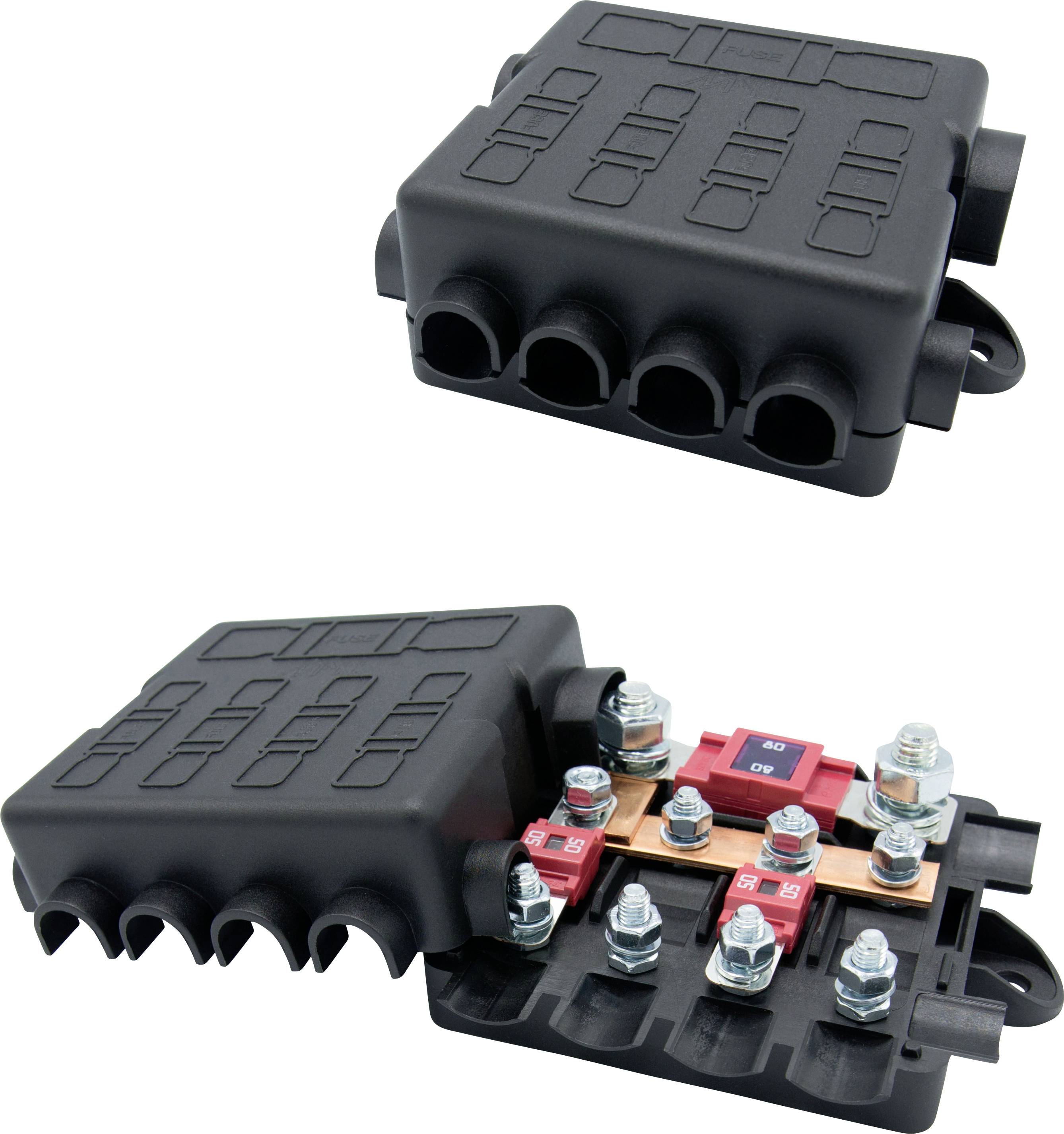 Eine schwarze elektrische Sicherungsbox, die von oben geschlossen und unten geöffnet gezeigt wird und dabei rote Sicherungen und Bolzen im Inneren offenbart.