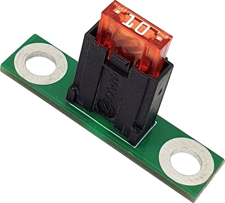 Eine grüne Leiterplatte mit einem montierten schwarzen und orangefarbenen elektronischen Bauteil, beschriftet mit '10'.