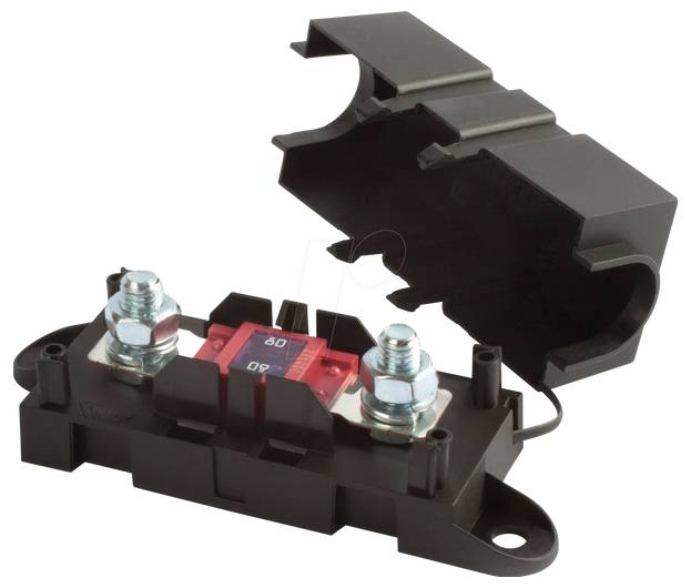 Ein elektrischer Sicherungshalter mit einer roten 60-Ampere-Sicherung, ausgestattet mit zwei Metallklemmen, die mit Muttern befestigt sind, und einem teilweise geöffneten schwarzen Plastikdeckel.