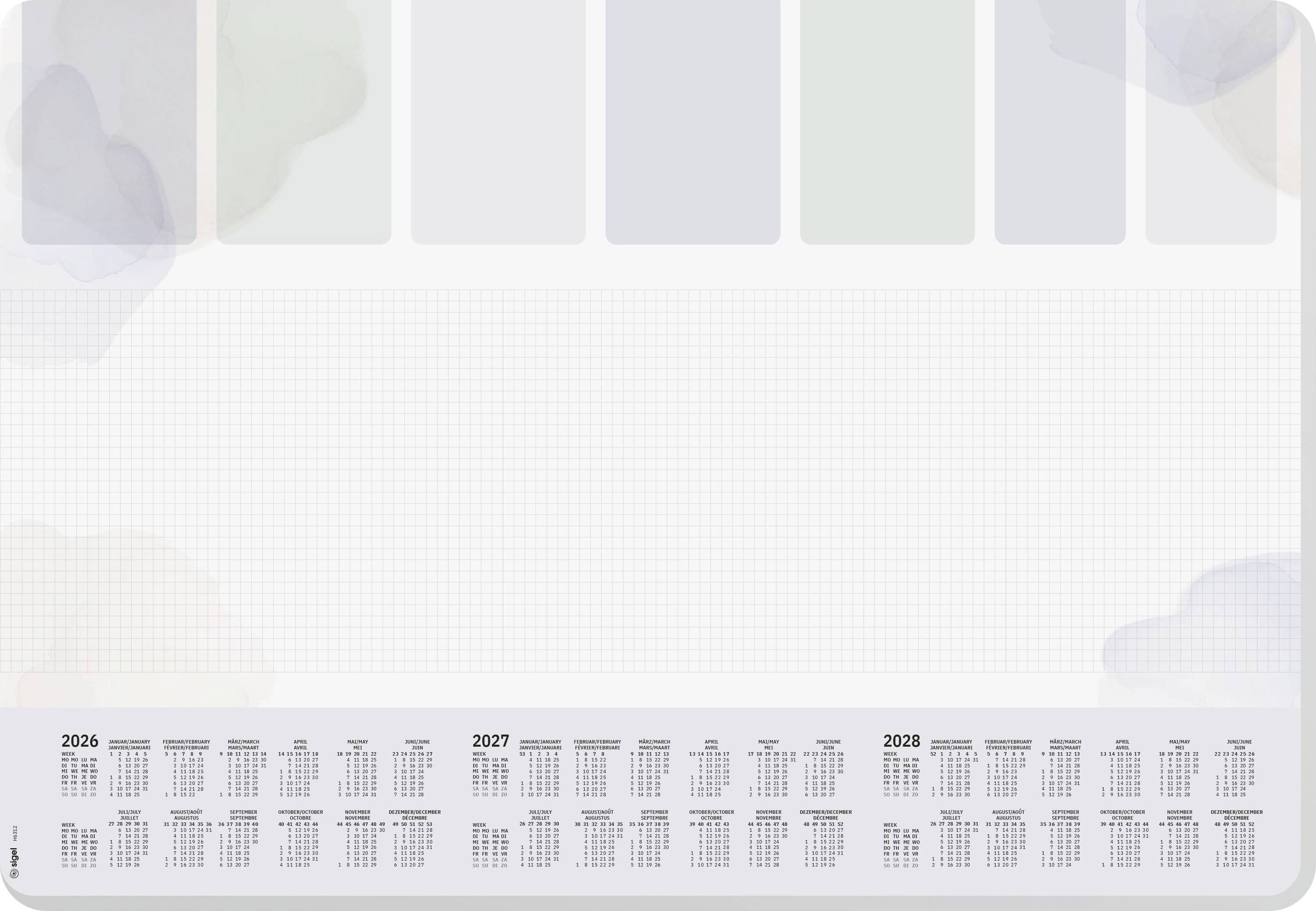 Schreibtischunterkalender für 2026, 2027 und 2028 mit Monatsrastern im unteren Bereich. Der obere Abschnitt bietet Raum für Notizen und Planung.