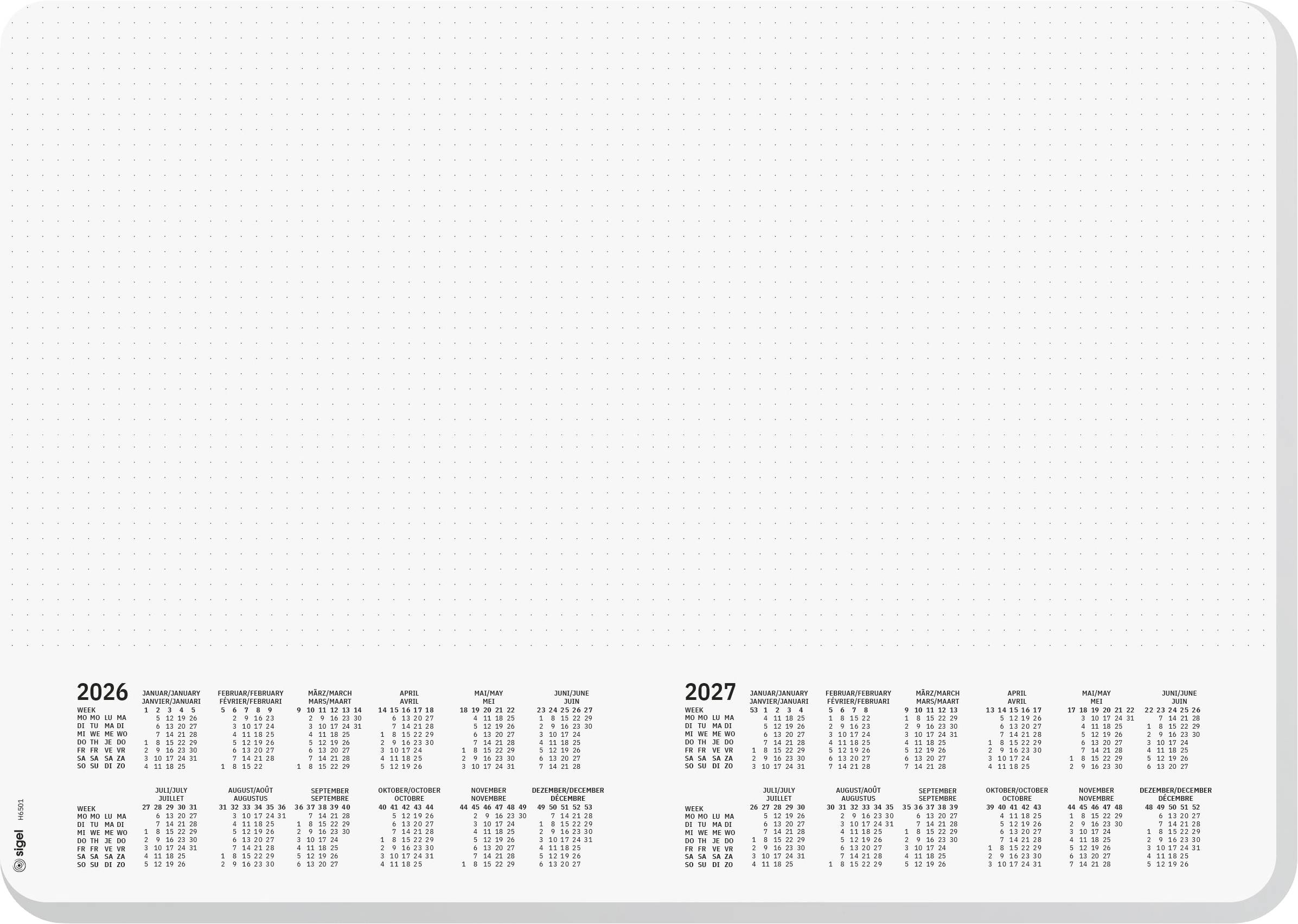 Minimalistischer Wandkalender 2026 und 2027 mit kleinen Monatsgittern unten auf weißem Hintergrund.