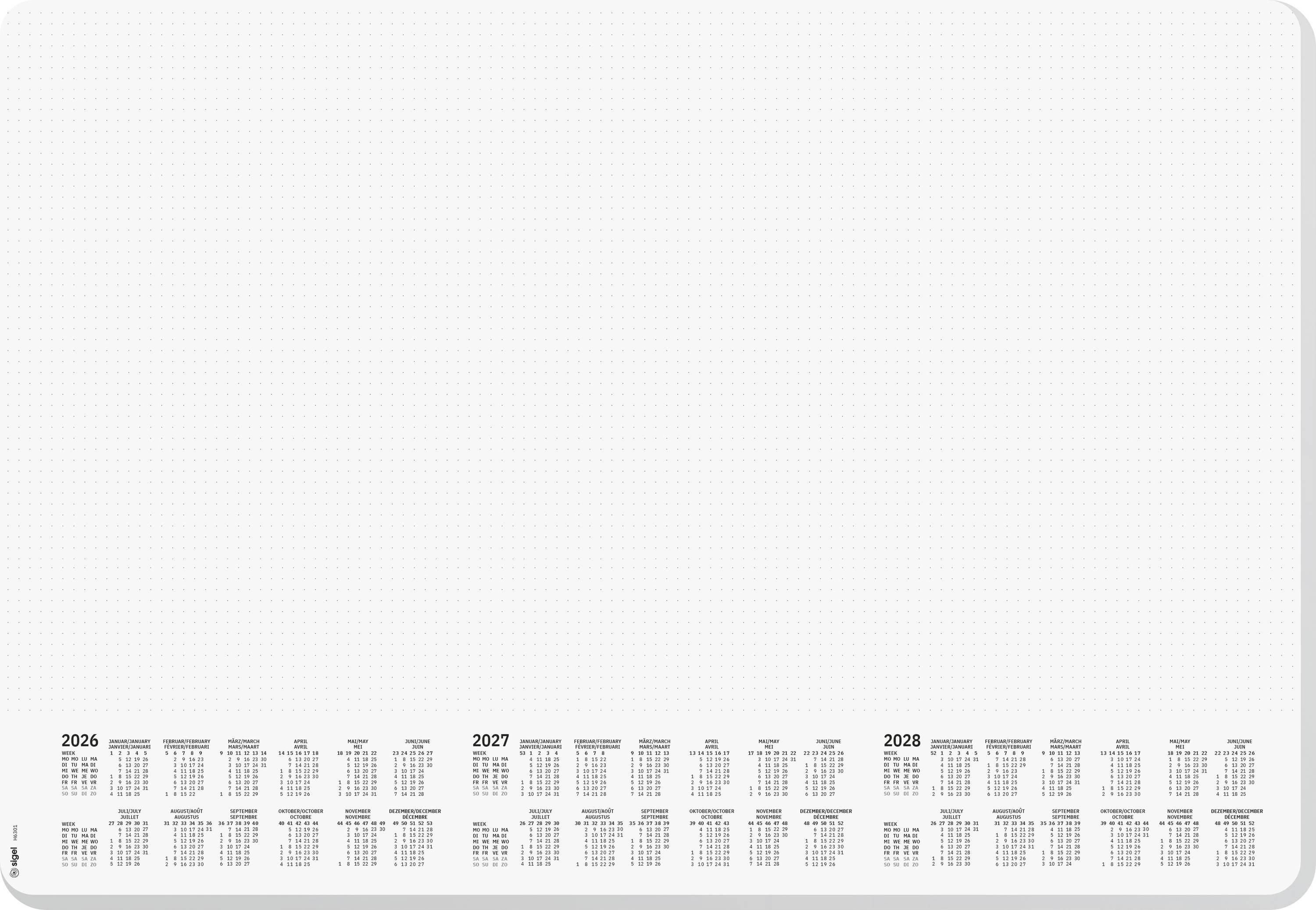 Dreijahreskalender von 2026 bis 2028, am unteren Rand mit Monaten und Tagen auf einem leeren weißen Hintergrund zur Planung angezeigt.