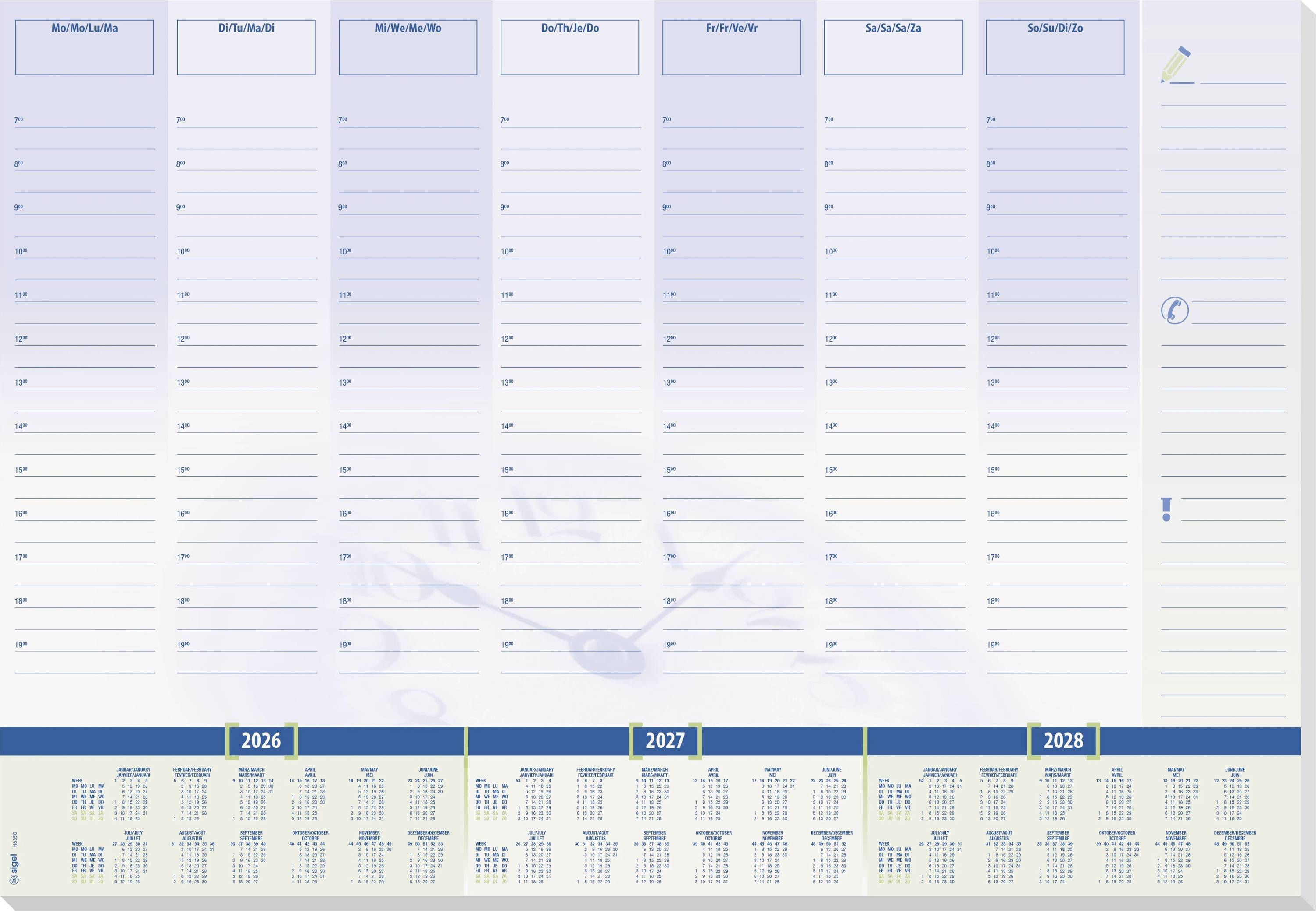 Ein Jahresplaner mit Abschnitten für jeden Wochentag. Enthält Kalender für 2026, 2027 und 2028 am unteren Rand. Blau-weiße Gestaltung.