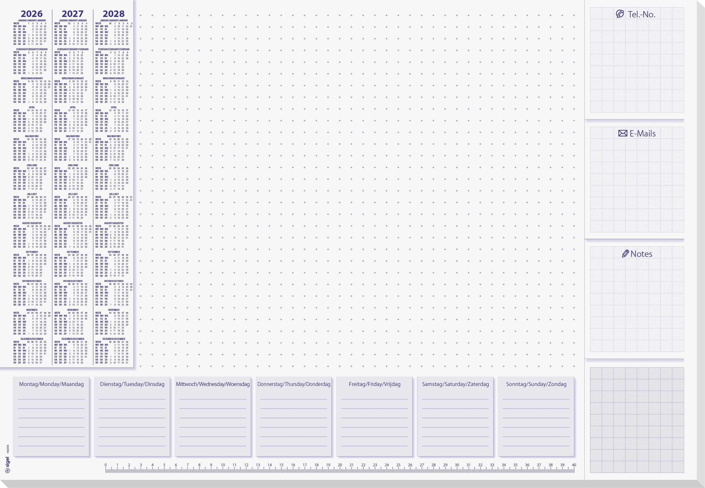 Ein Planer mit einem Mini-Kalender für 2026-2028, Abschnitte für ‚Tel.-Nr.', ‚E-Mails', ‚Notizen' und Tagen von Montag bis Sonntag zur Terminplanung.
