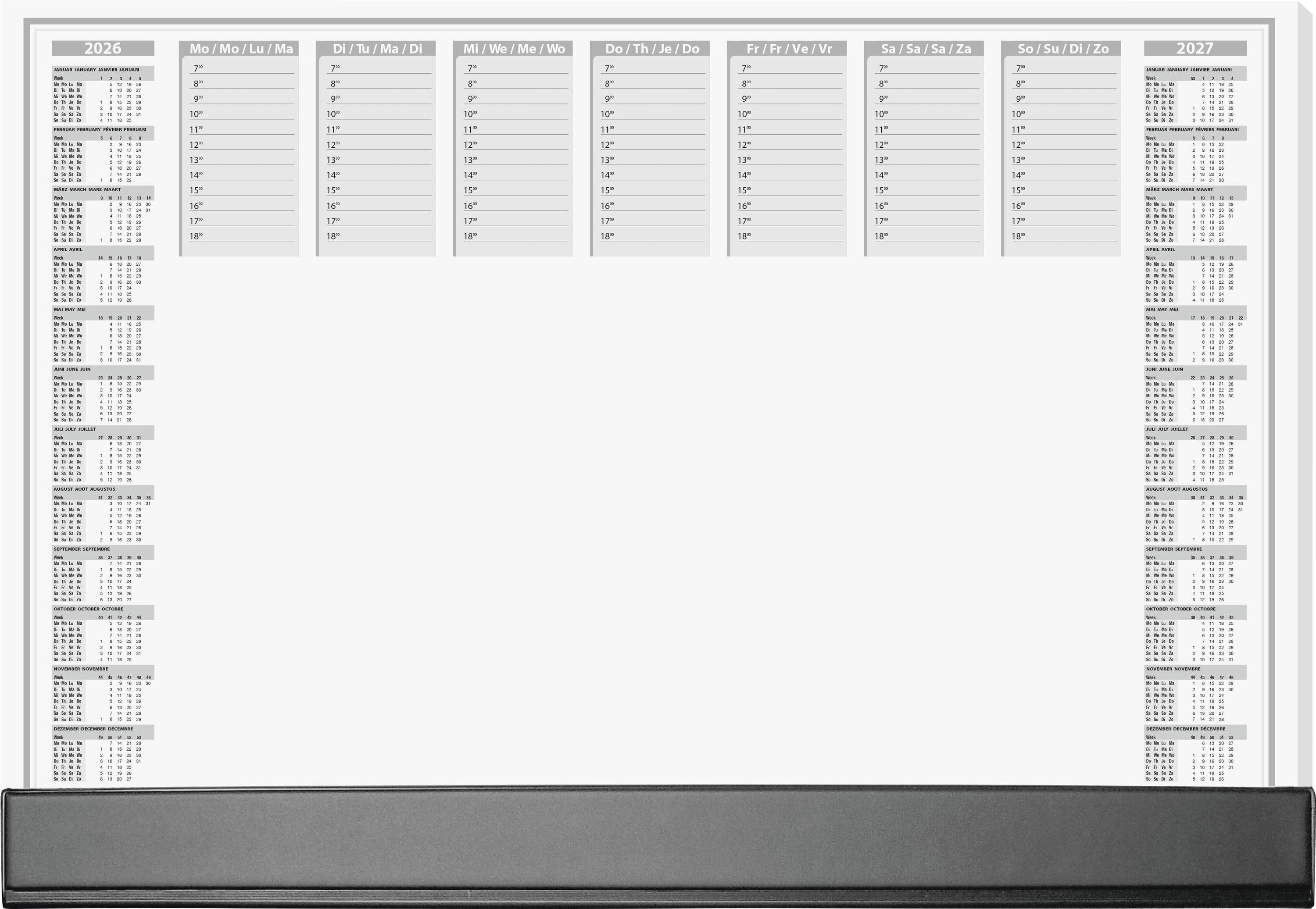 Ein jährlicher Wandkalender-Planer mit kleinen monatlichen Mini-Kalendern an den Seiten und wöchentlichen Datumsspalten oben, mit überwiegend leerer Fläche für Notizen in der Mitte.