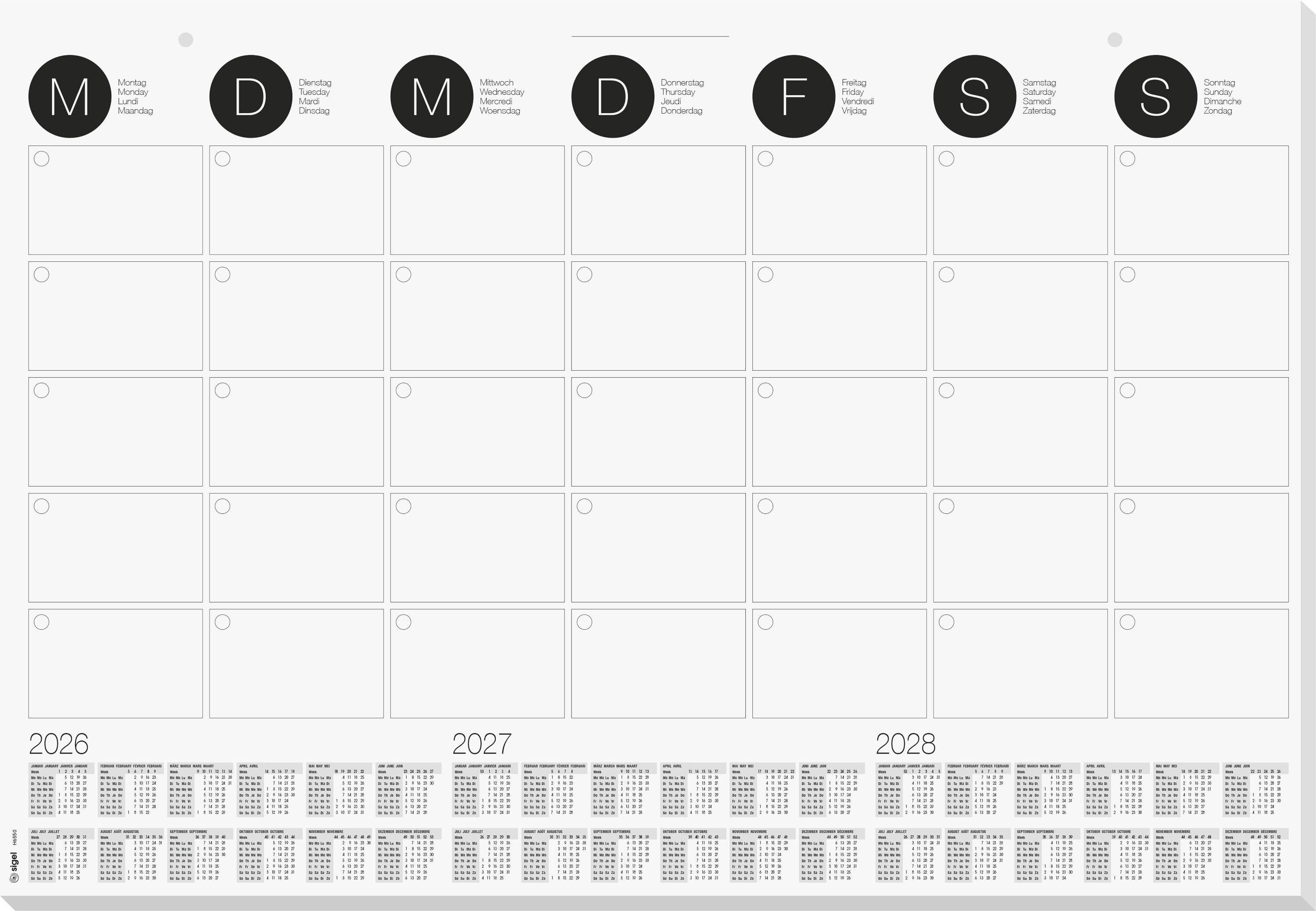 Wandkalender im Monatsüberblick mit Darstellung der Tage von Montag bis Sonntag. Enthält kleine Kalender für 2026, 2027 und 2028 am unteren Rand.