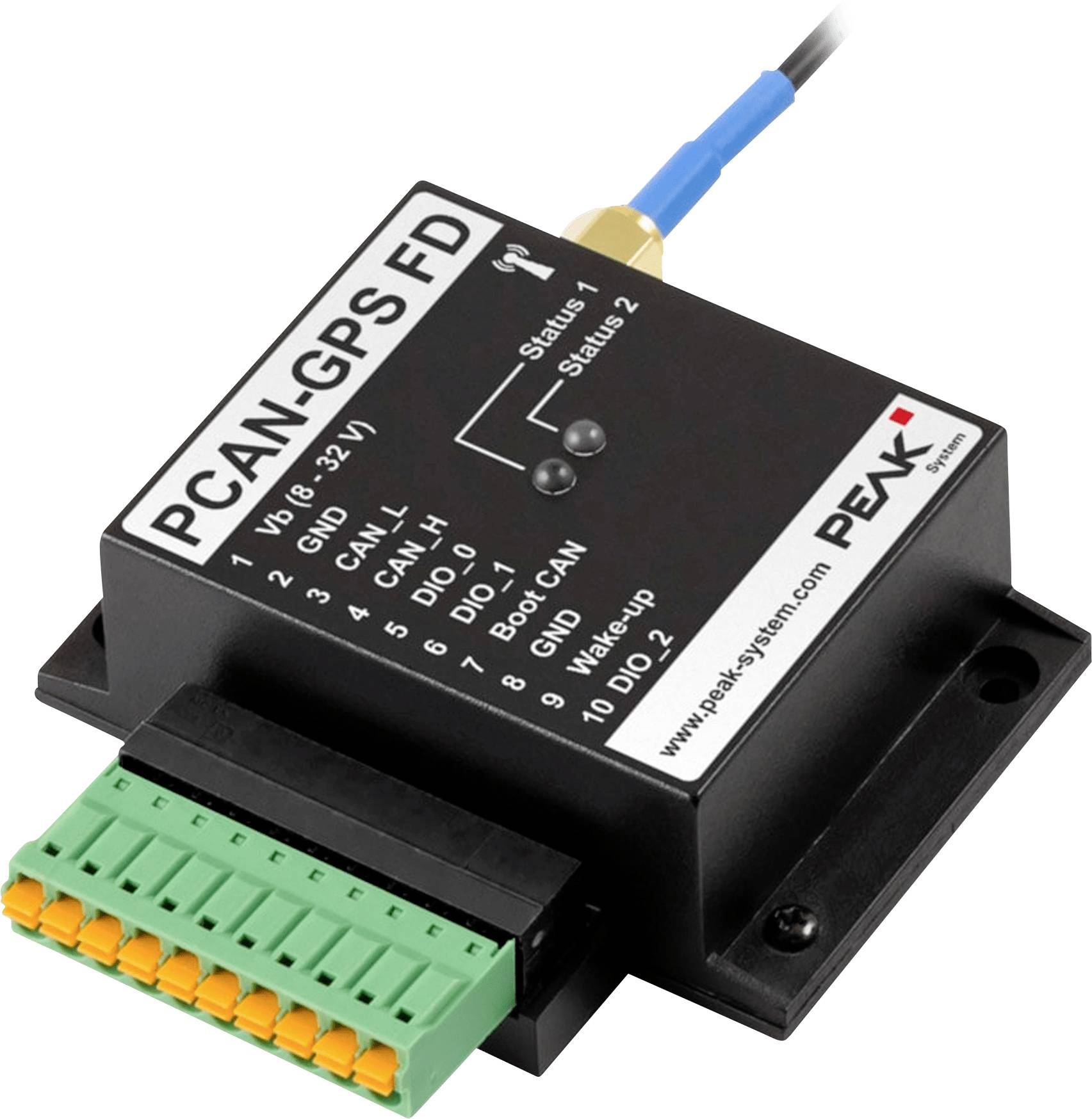 PCAN-GPS FD Schnittstellenmodul mit beschrifteten Anschlüssen für GPS, CAN und digitale Ein-/Ausgänge. Kompaktes schwarzes Design mit grünem Klemmblock.