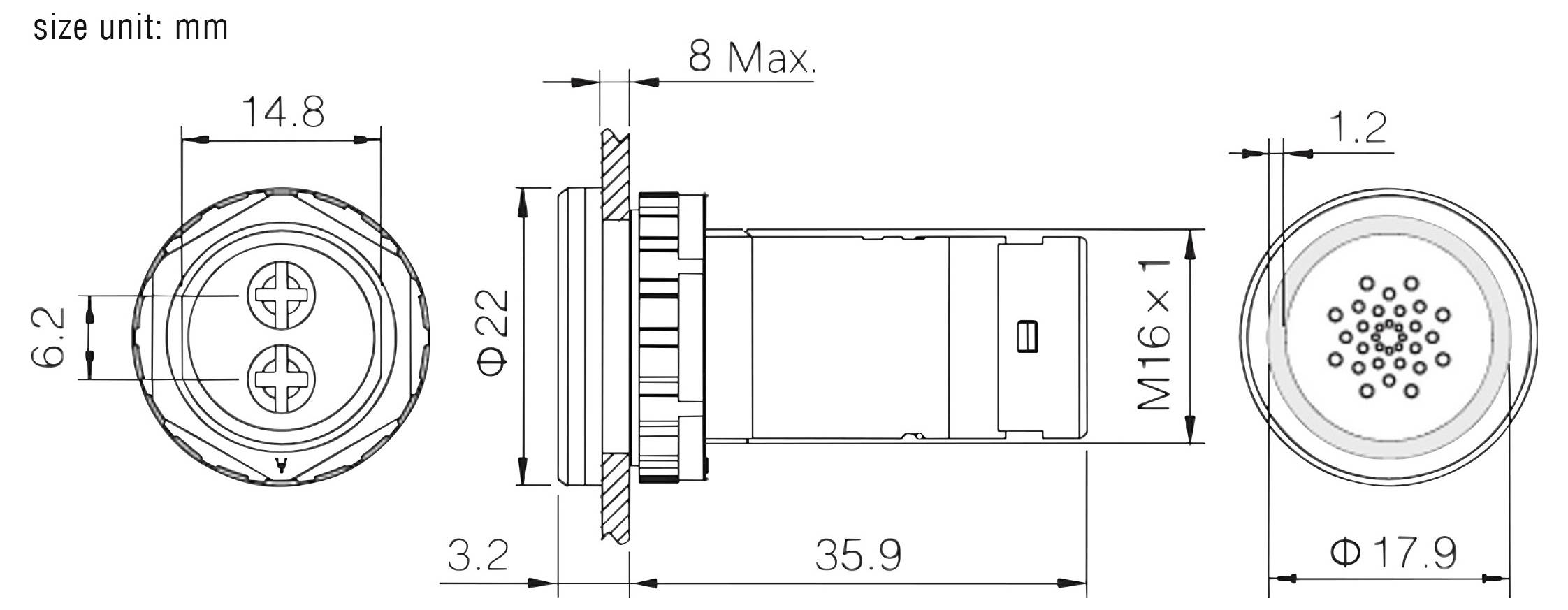 Technische Zeichnung eines zylindrischen Verbinders. Vorder- und Seitenansichten zeigen Abmessungen: 6,2 mm Länge, 14,8 mm Durchmesser, M16x1 Gewinde und weitere Details.