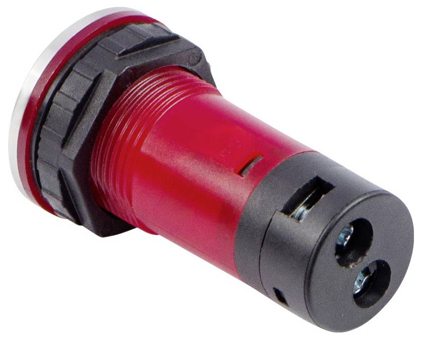 Ein roter und schwarzer industrieller Verbinder mit einem Gewindeende und zwei kreisförmigen Anschlüssen.