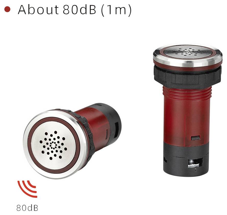 Zwei rote und schwarze Soundgeräte, gekennzeichnet als Geräte, die etwa 80 dB in 1 Meter Entfernung produzieren, mit einem Soundsymbol, das 80 Dezibel anzeigt.