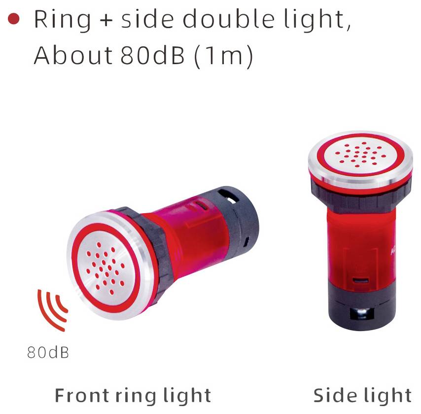 Rot-schwarze Alarmvorrichtung mit Frontring und Seitenlicht, sendet etwa 80 dB in einem Meter Entfernung aus. Front- und Seitenansicht dargestellt.