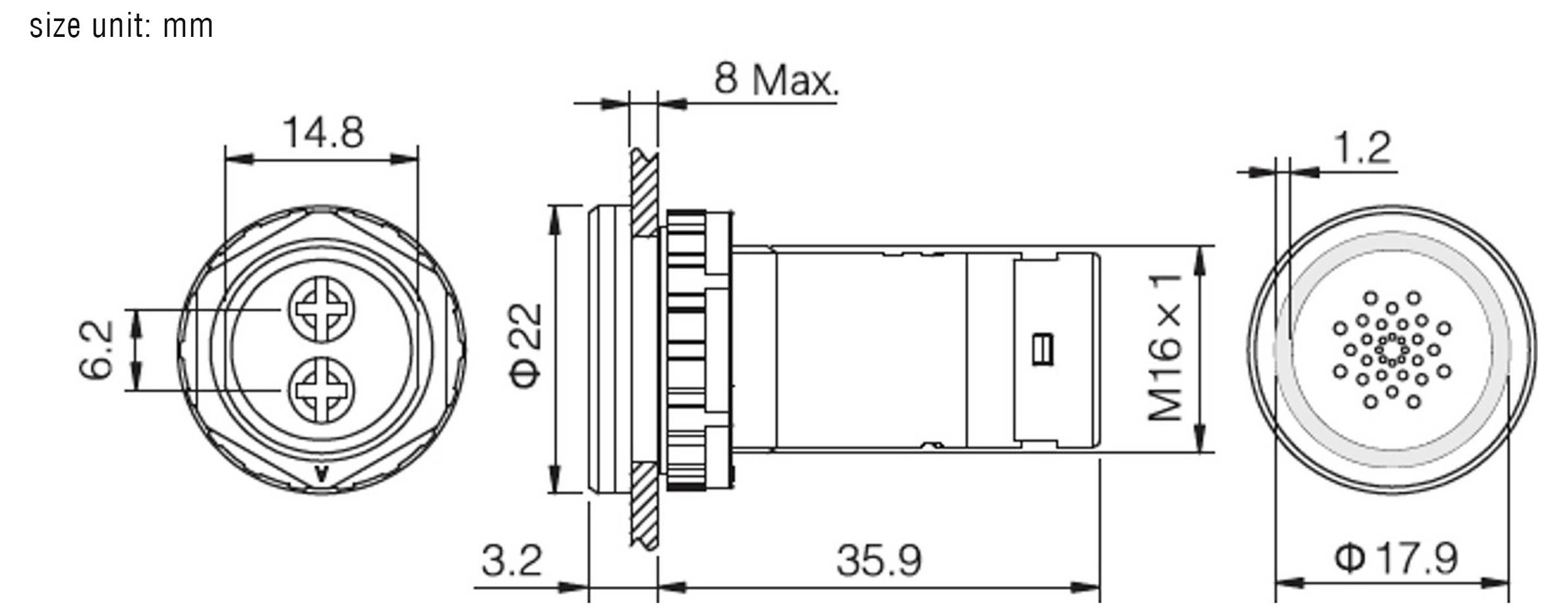 Technische Zeichnung eines zylindrischen Verbinders mit Abmessungen in Millimetern, die Vorder-, Seiten- und Rückansicht zeigt, einschließlich Messungen wie 14,8 mm, 22 mm und 35,9 mm.