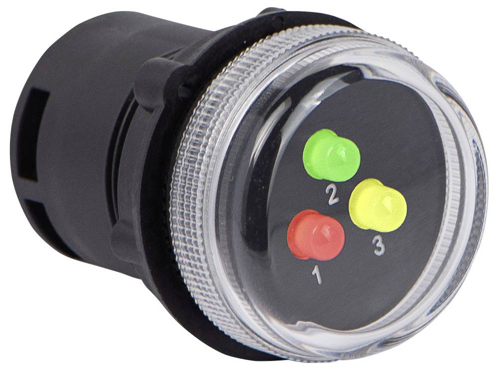 Eine schwarze zylindrische elektronische Komponente mit einer transparenten Oberseite, auf der drei farbige LED-Lichter angezeigt werden: rot, grün und gelb, nummeriert mit 1, 2, 3.