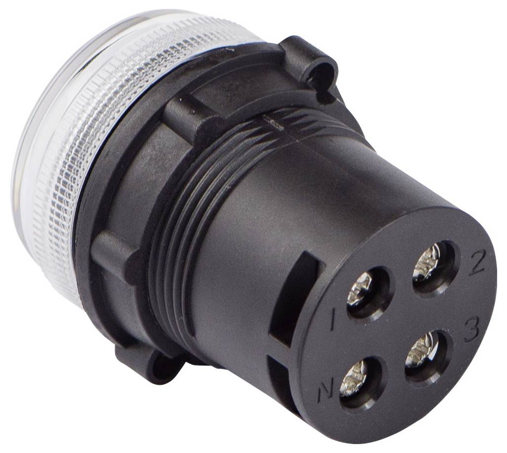 Industrieller elektrischer Stecker mit vier kreisrunden Metallkontaktpunkten, beschriftet mit 1, 2, 3 und N, in einem schwarzen Kunststoffgehäuse.