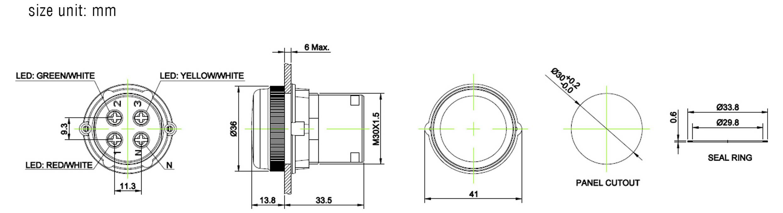 Technische Zeichnung eines Verbindungsstücks. Zeigt Abmessungen: Durchmesser 23,3 mm, Tiefe 38,5 mm. Enthält Aussparungsgrößen für die Platte und Details des Dichtungsrings.