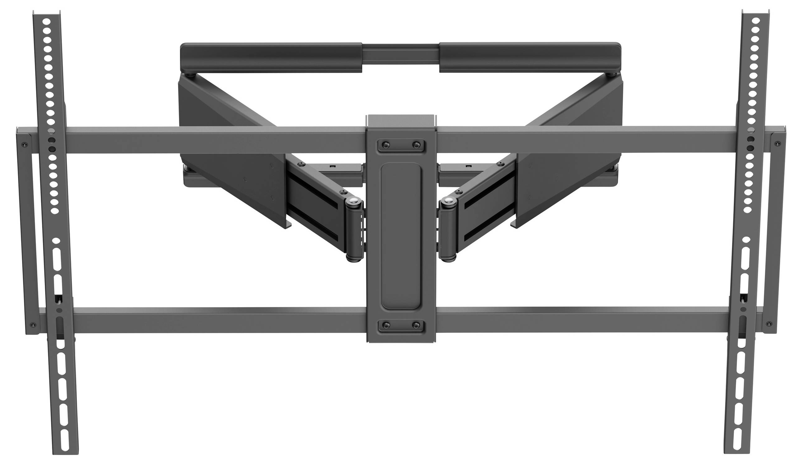 Eine Wandhalterung für einen Fernseher oder Monitor mit verstellbaren Armen in einer eingeklappten Position. Sie ist für die Unterstützung verschiedener Bildschirmgrößen ausgelegt.