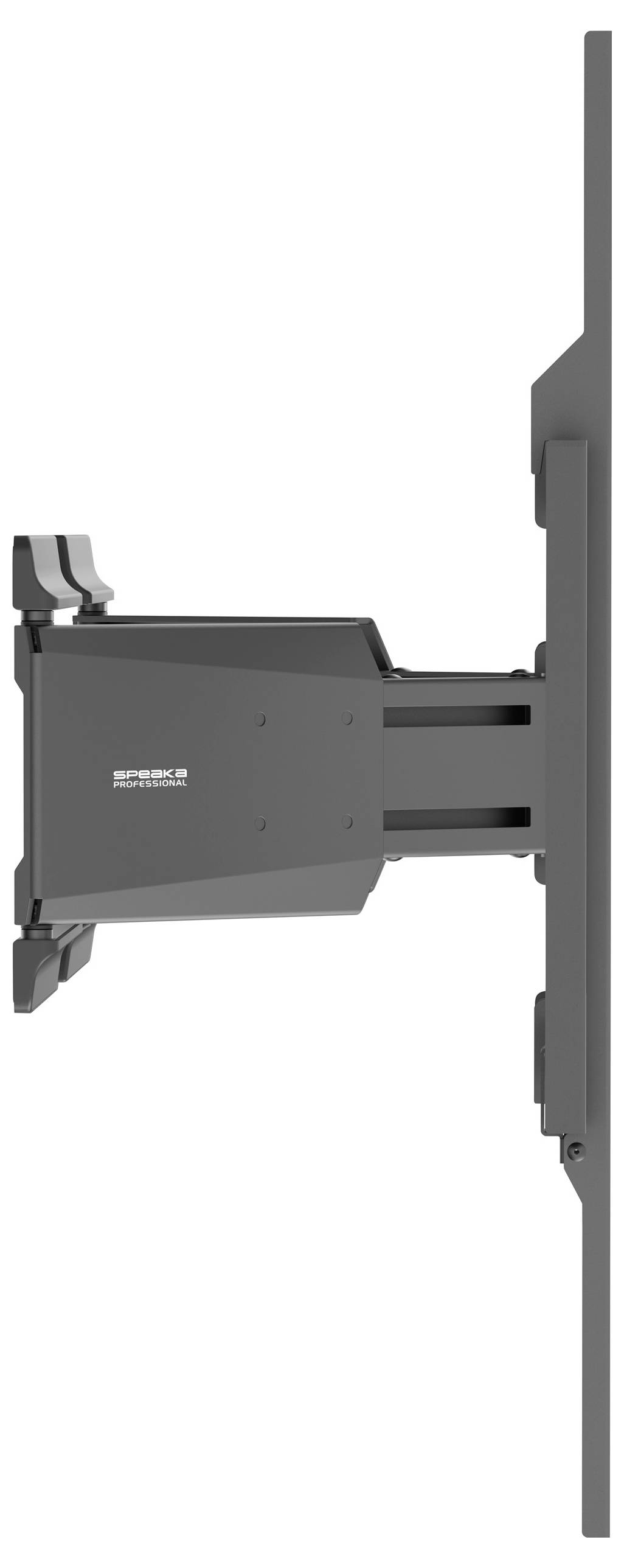 Eine schwarze wandmontierte Fernsehhalterung von der Seite betrachtet, die ausziehbare Arme zeigt, die einen flachen Bildschirm stützen.