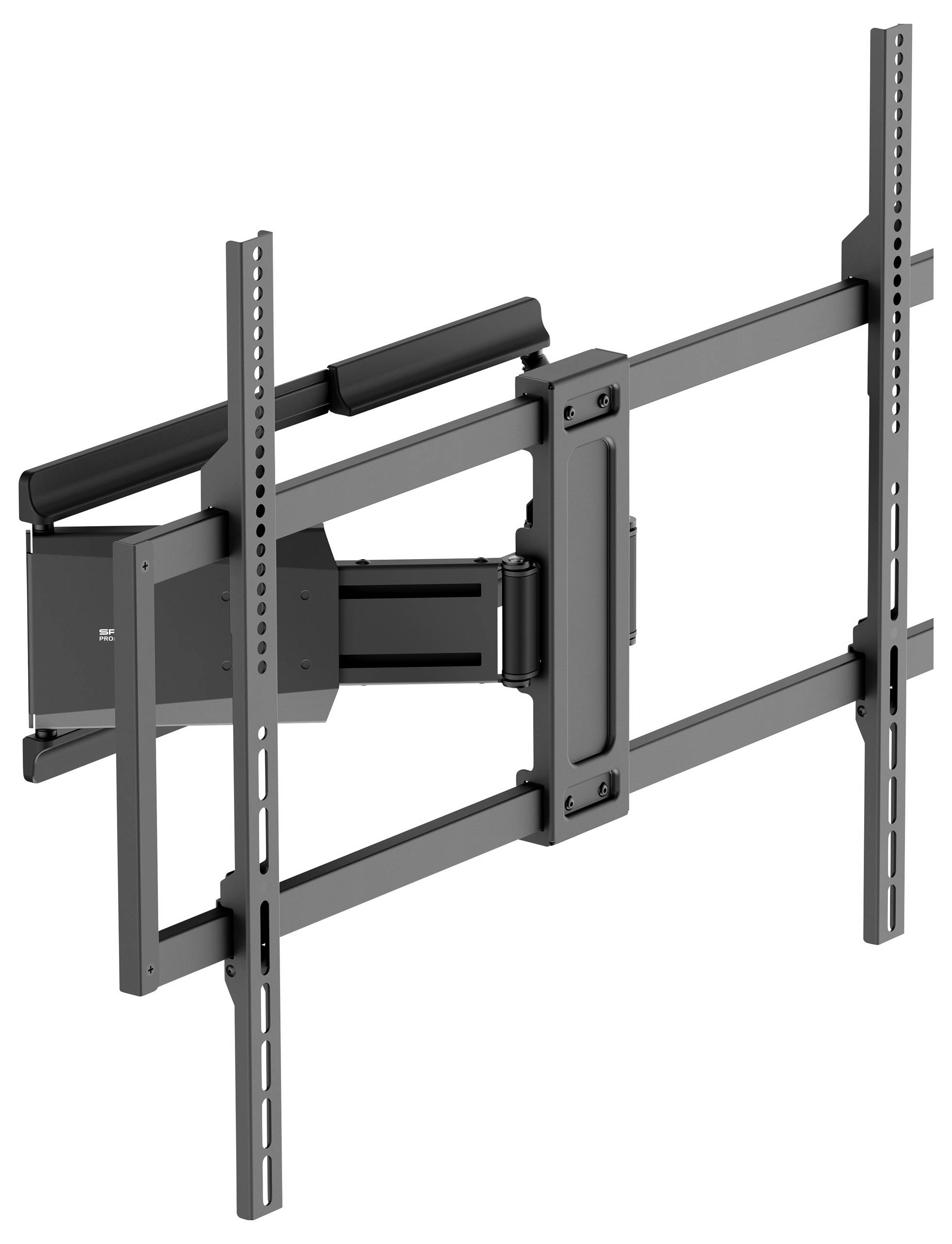 Wandhalterung für einen Fernseher mit verstellbaren Armen und mehreren Befestigungslöchern für vielseitige Positionierung.