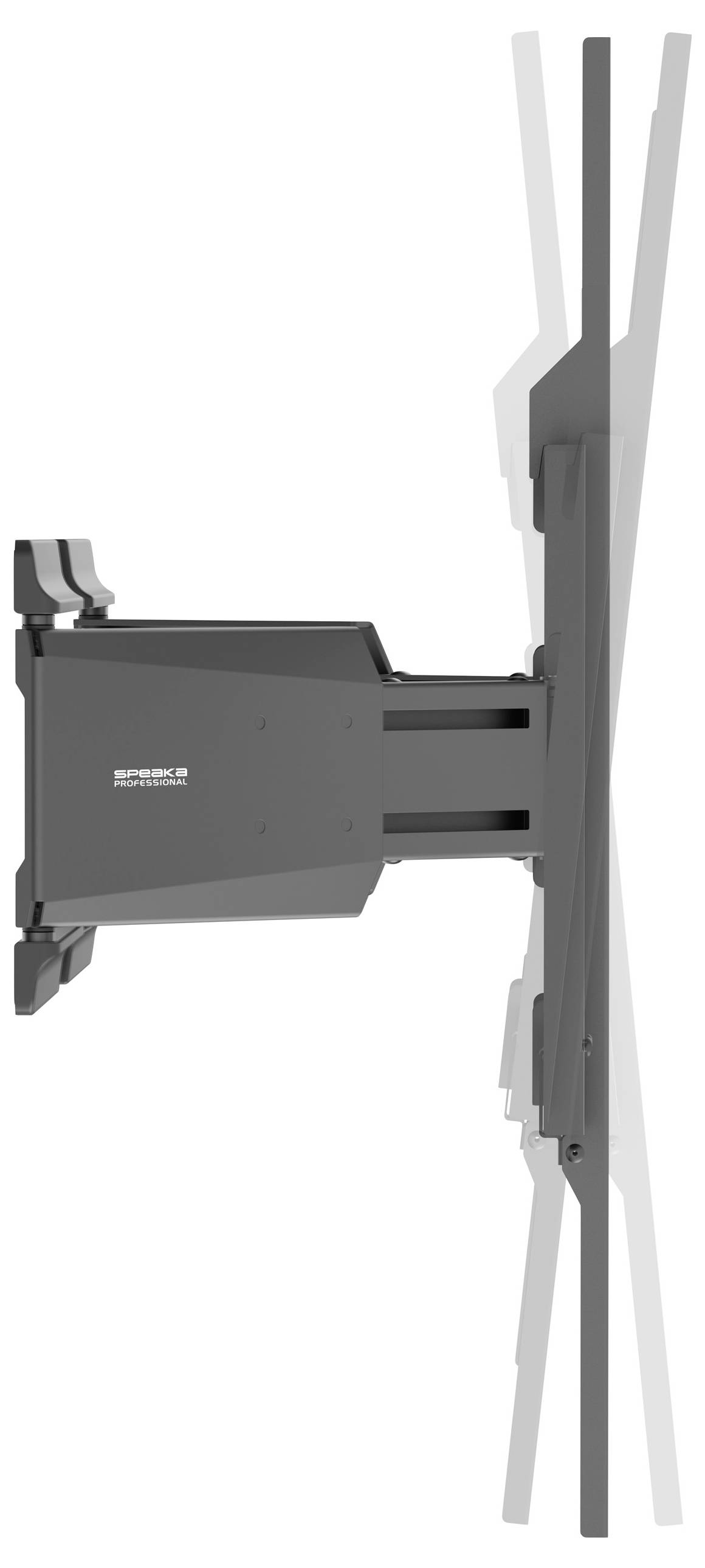 Eine Seitenansicht einer schwarzen, verstellbaren Wandhalterung für Flachbildfernseher, die ihren ausziehbaren Arm und Gelenkmechanismus zeigt.