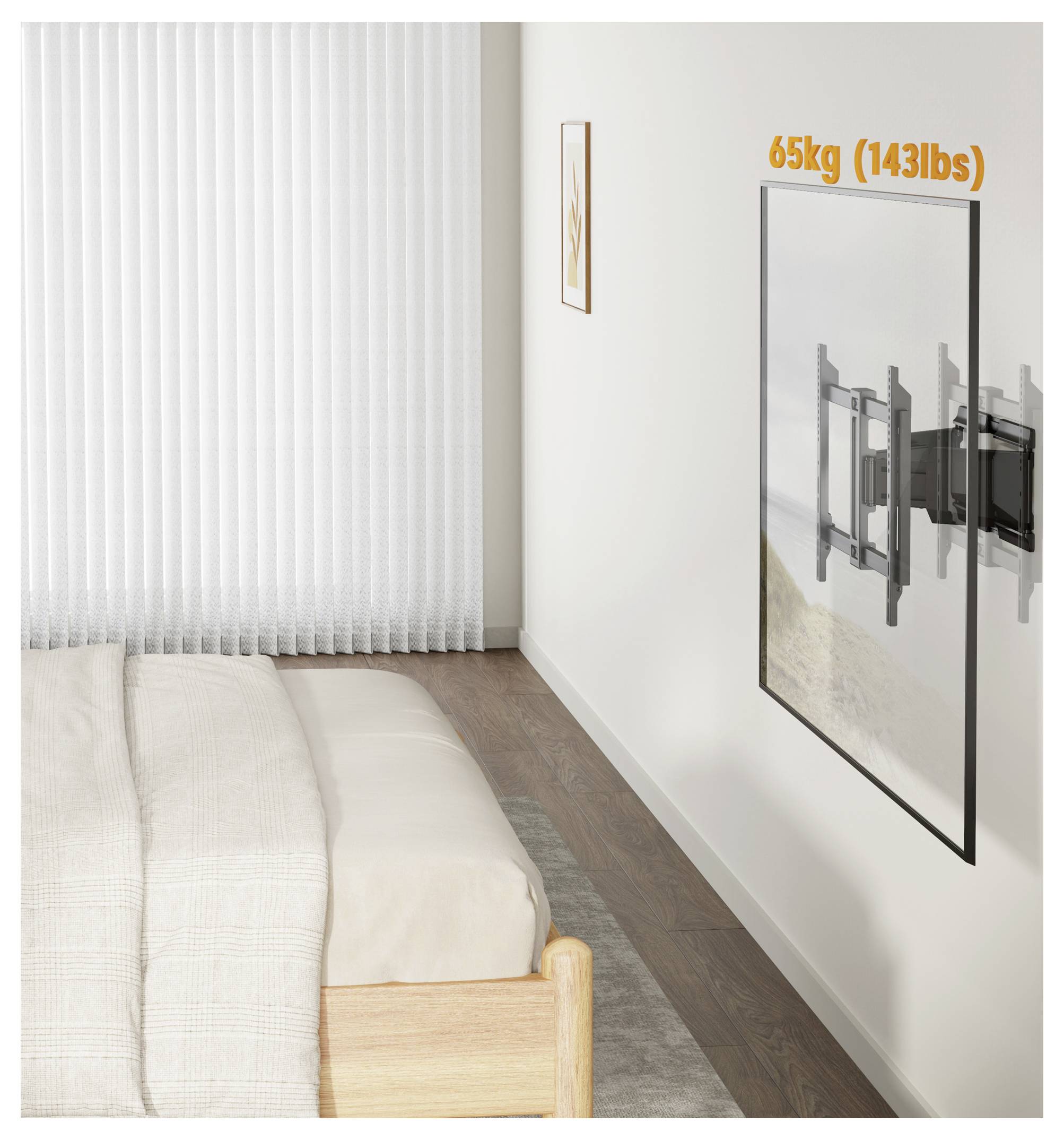 Schlafzimmer mit einem Bett, Vorhängen und einer wandmontierten TV-Halterung mit der Aufschrift „65 kg (143 lbs)