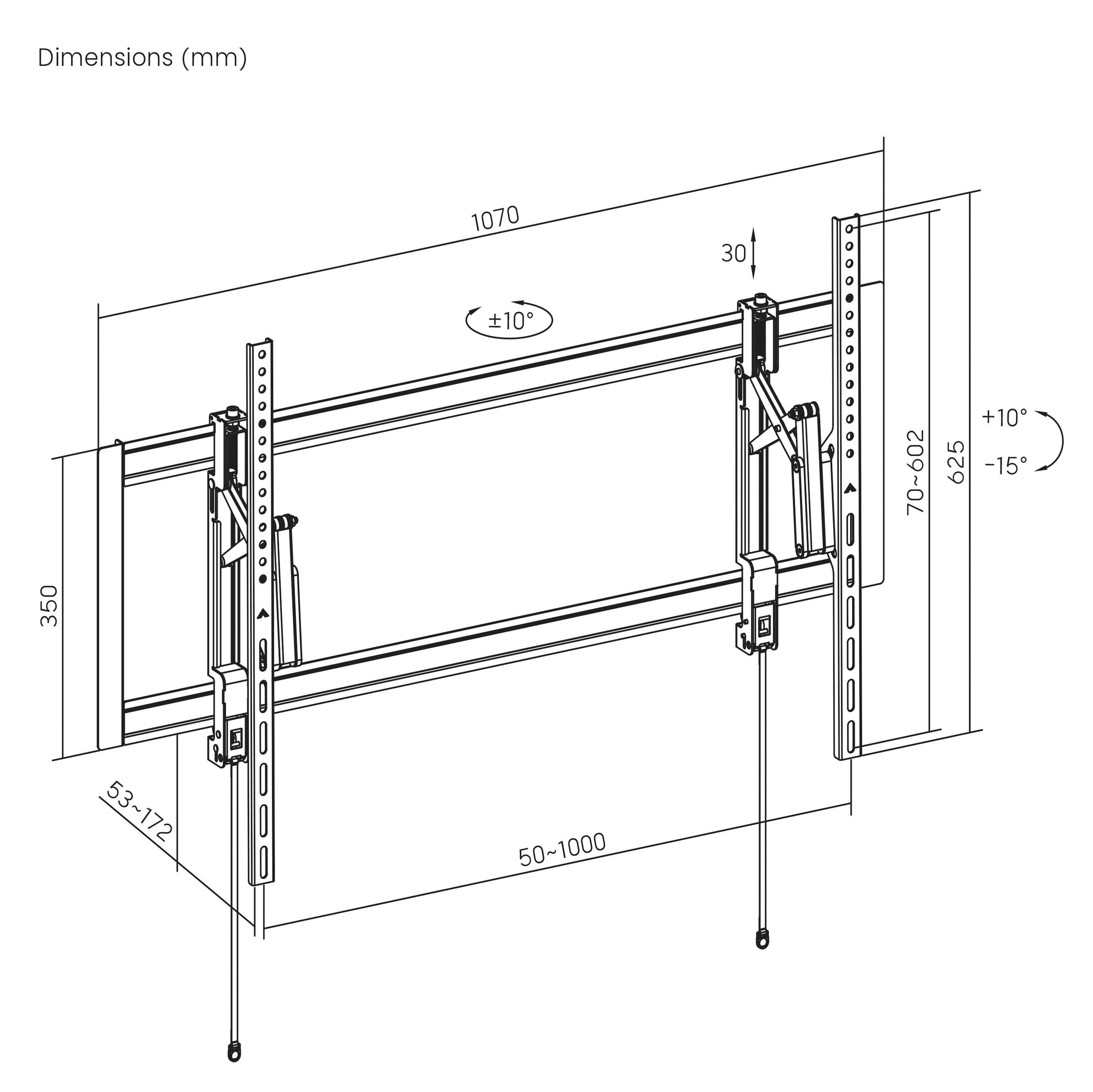 Diagramm mit Abmessungen der TV-Wandhalterung in Millimetern: maximale Breite 1070, Höhe 350, Neigungswinkel ±10°. Verstellbereich 50-1000mm.