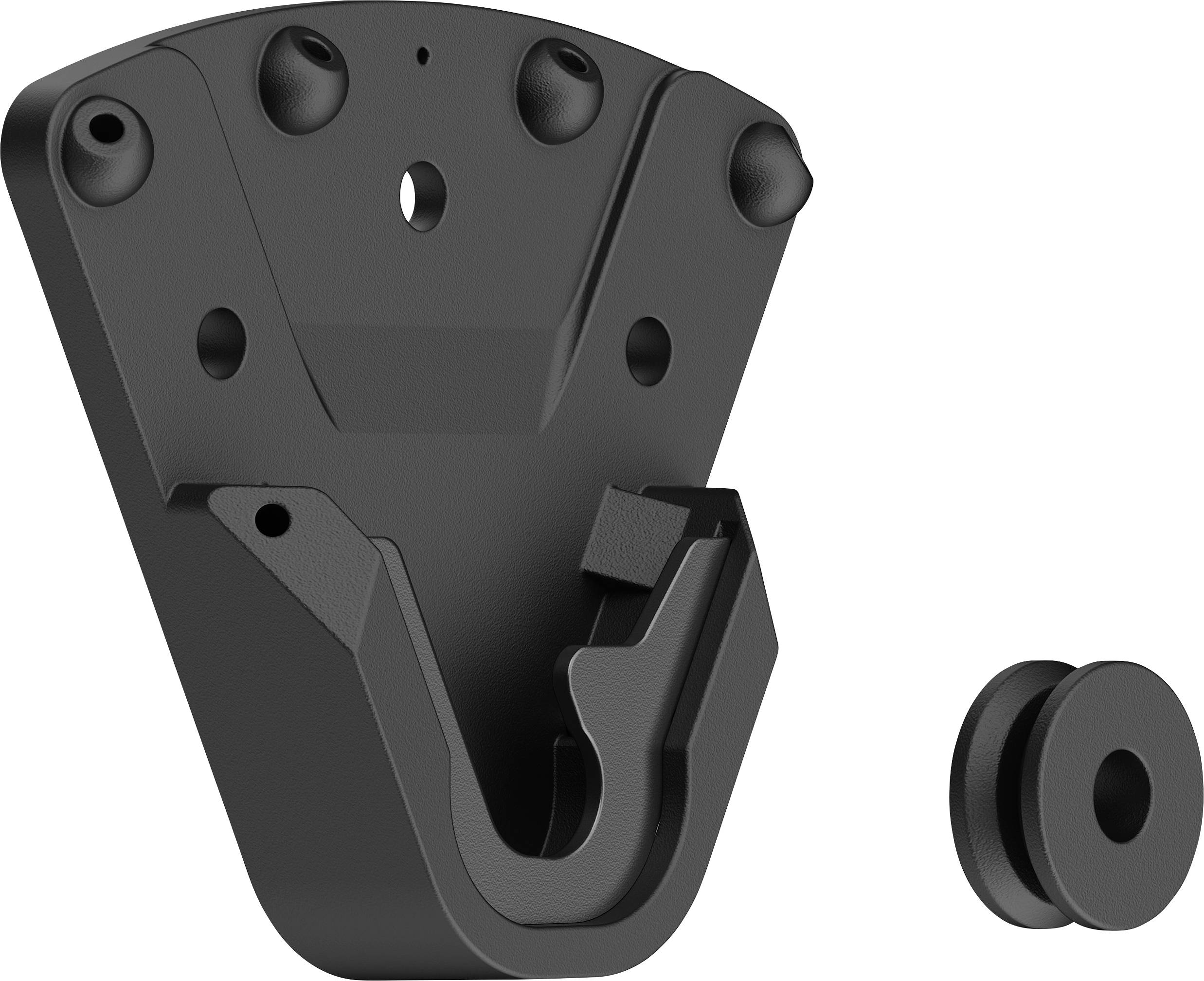 Schwarze Schutzhulle Wandhalterung mit einem Platz zum Einsetzen eines Geräts und einem separaten kreisförmigen Befestigungsstück an der Seite.