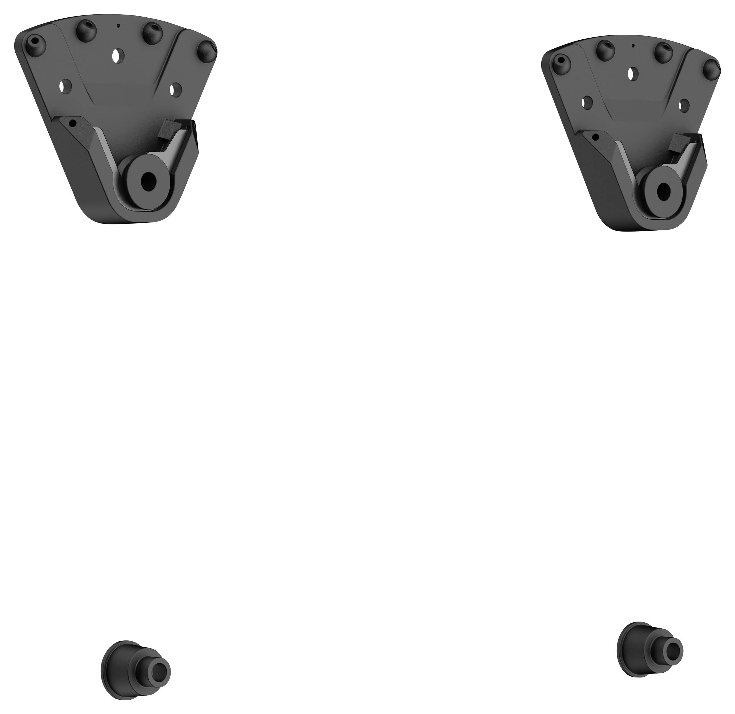 Zwei schwarze Metallwandhalterungen und zwei Schrauben, ausgelegt für sichere Montage.