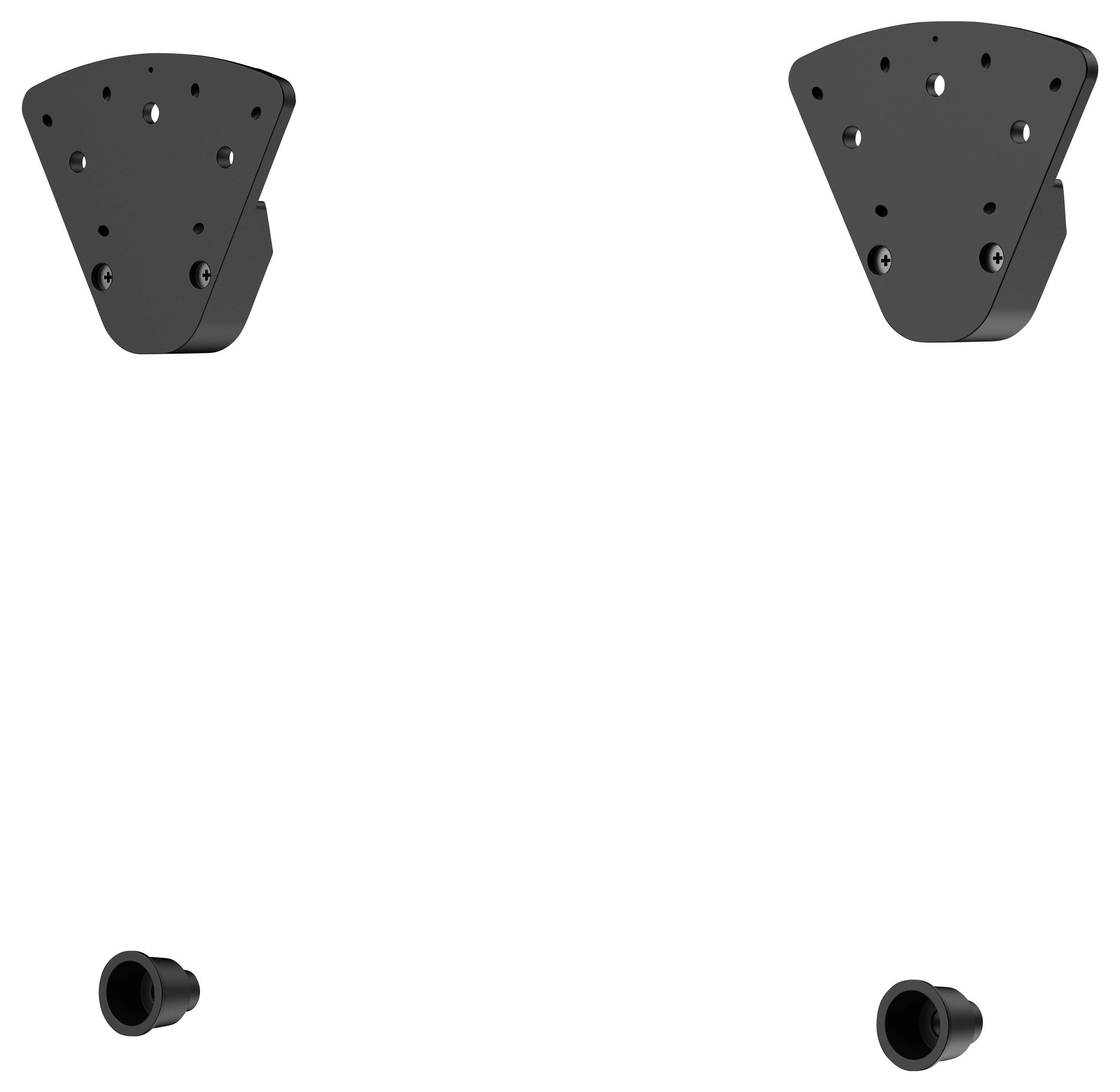 Zwei schwarze Klammern und zwei runde Gummifüße, symmetrisch gegen einen weißen Hintergrund positioniert, die als Hardwarekomponenten erscheinen.