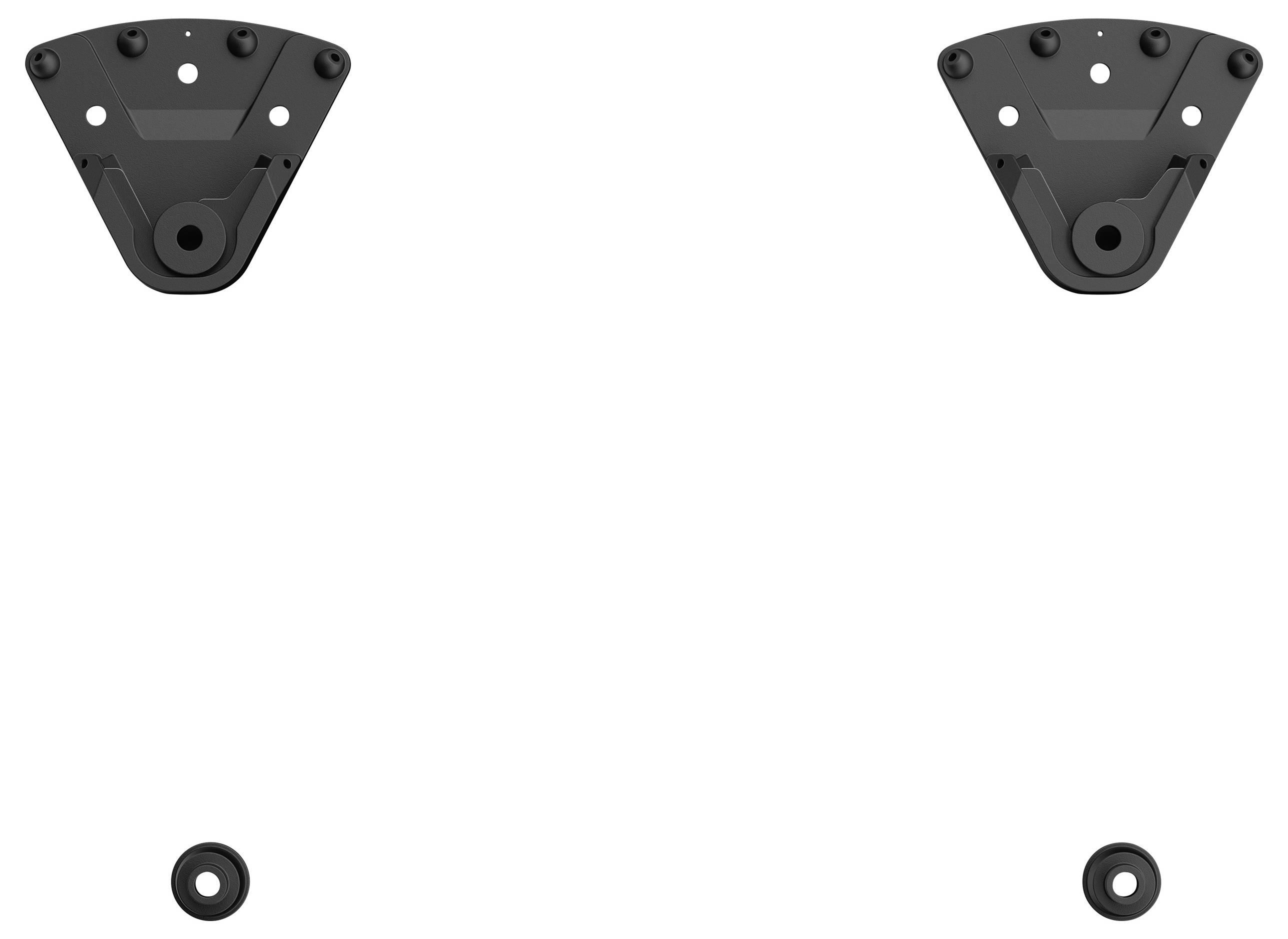 Zwei dreieckige schwarze Metallhalterungen mit Befestigungslöchern und zwei kleine Kreisscheiben darunter auf weißem Hintergrund.