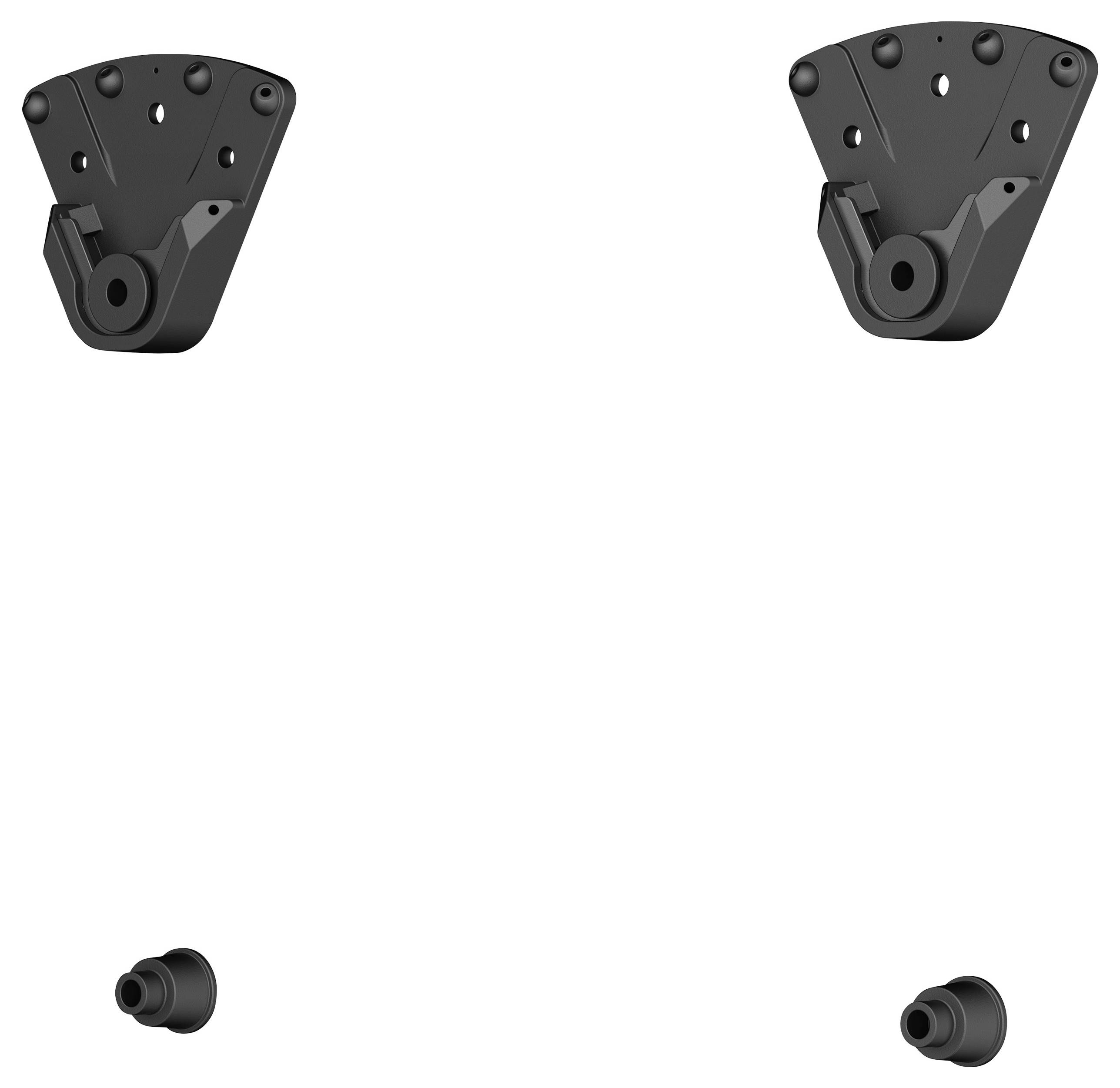 Zwei schwarze Wandhalterungen, jede mit mehreren Schraubenlöchern und Montageteilen, symmetrisch positioniert, wahrscheinlich für die Geräteinstallation.