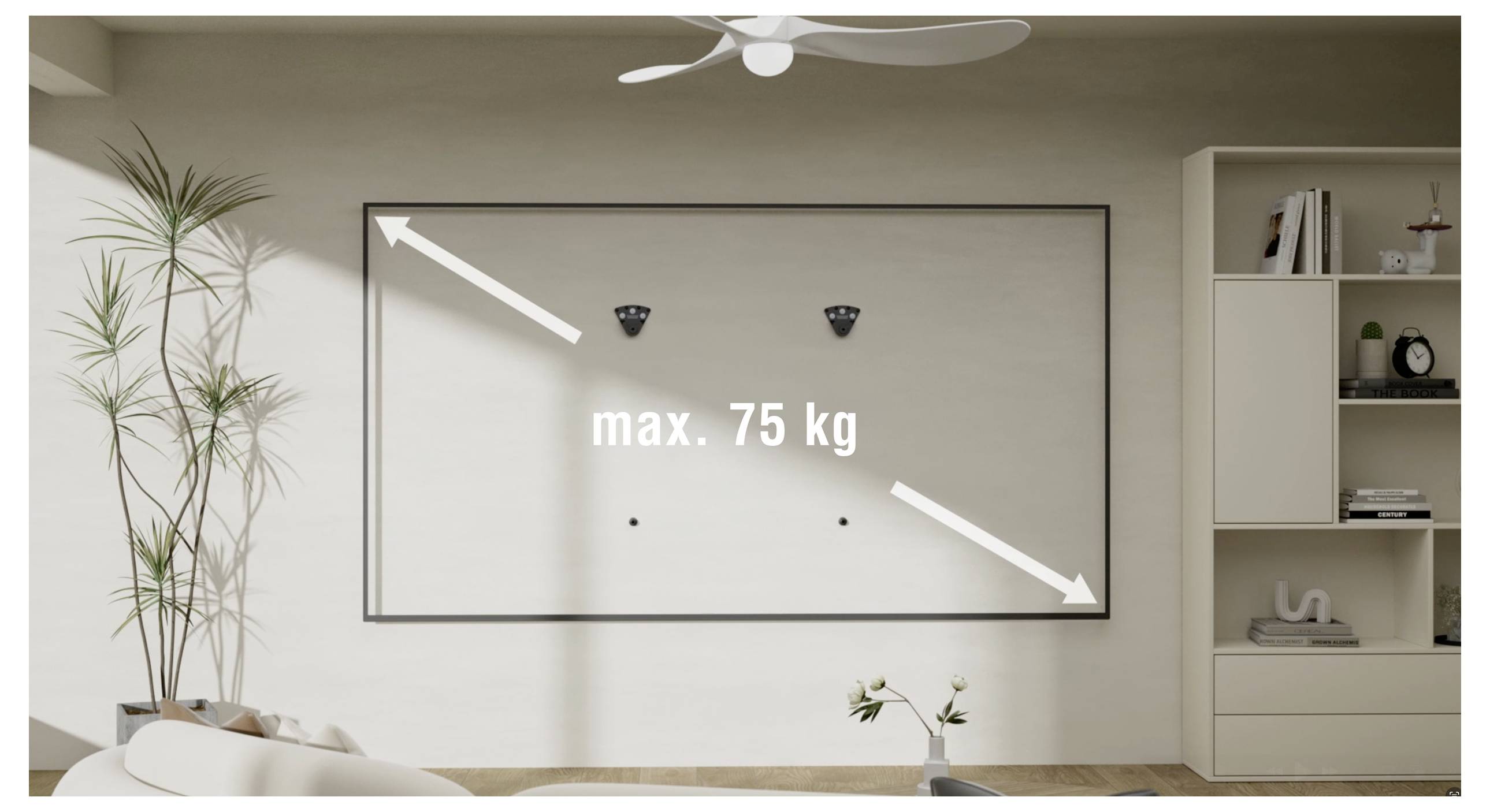 Wohnzimmerwand mit einer Leuchte und einer rechteckigen Halterung, die eine maximale Gewichtskapazität von 75 kg angibt, mit Pfeilen zur Orientierung.