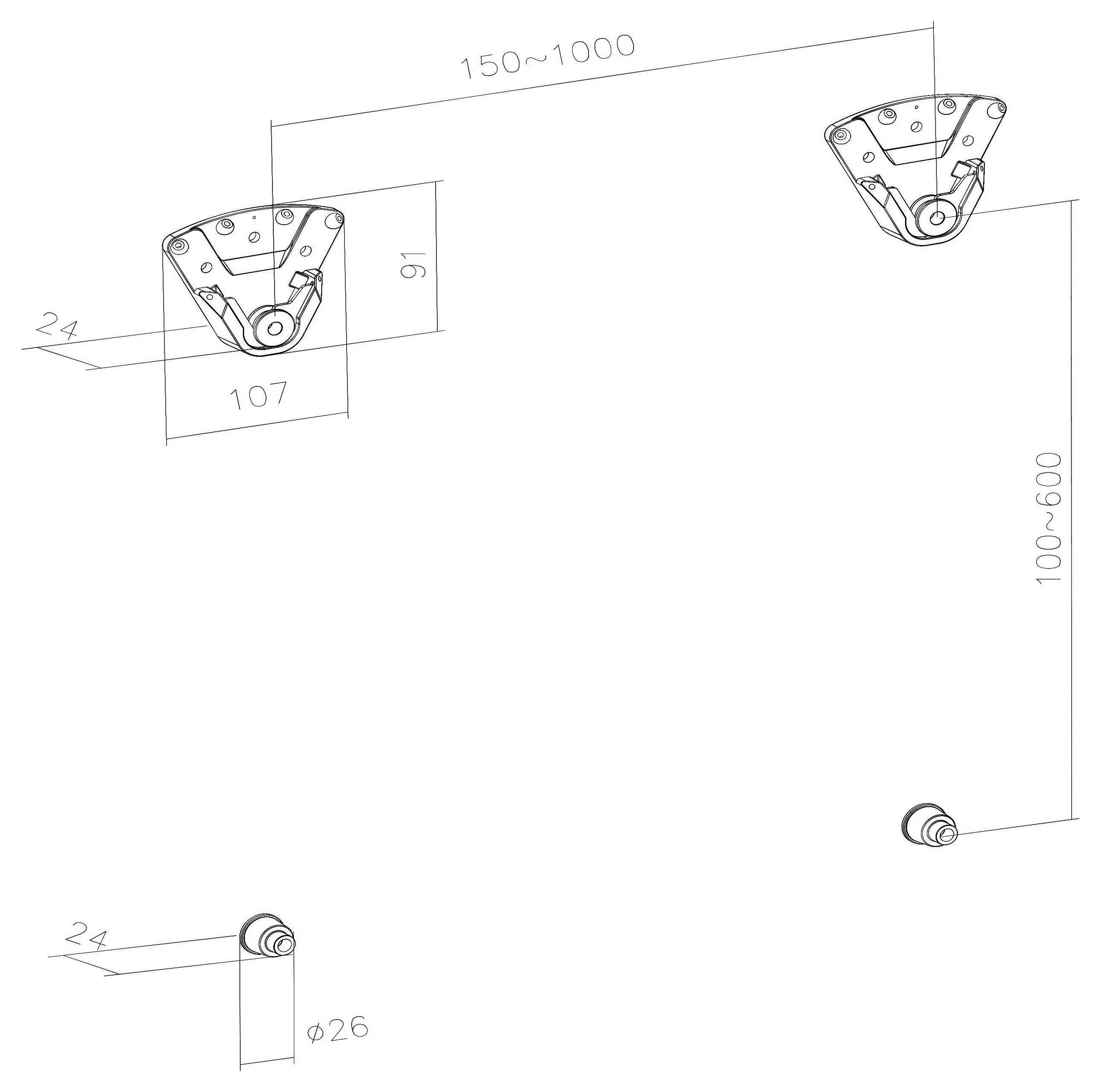 Technisches Diagramm mit Klammern und Abmessungen: Obere Klammern sind 91 und 107 mm auseinander, verstellbare Breite 150-1000 mm, Höhe 100-600 mm.