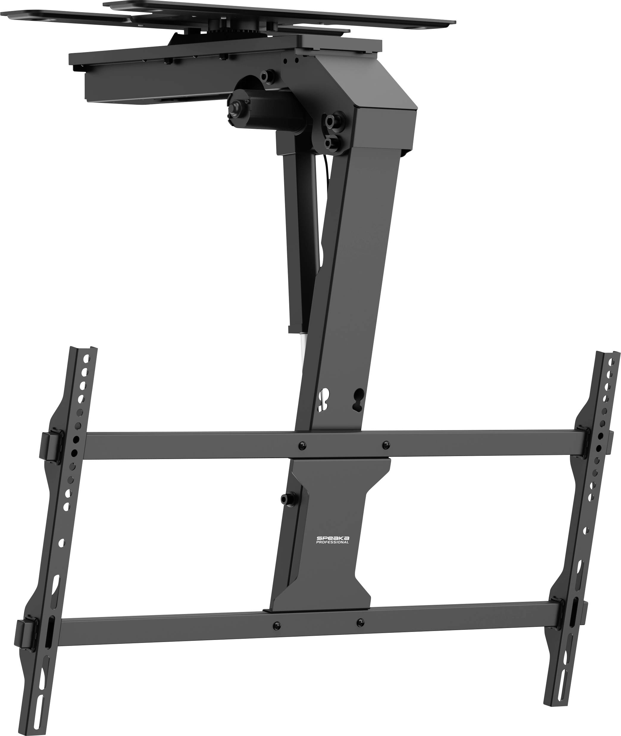 Schwarze, deckengestützte TV-Halterung mit verstellbarem Arm und Befestigungsrahmen, konzipiert für Flachbildfernseher zur Deckenmontage.