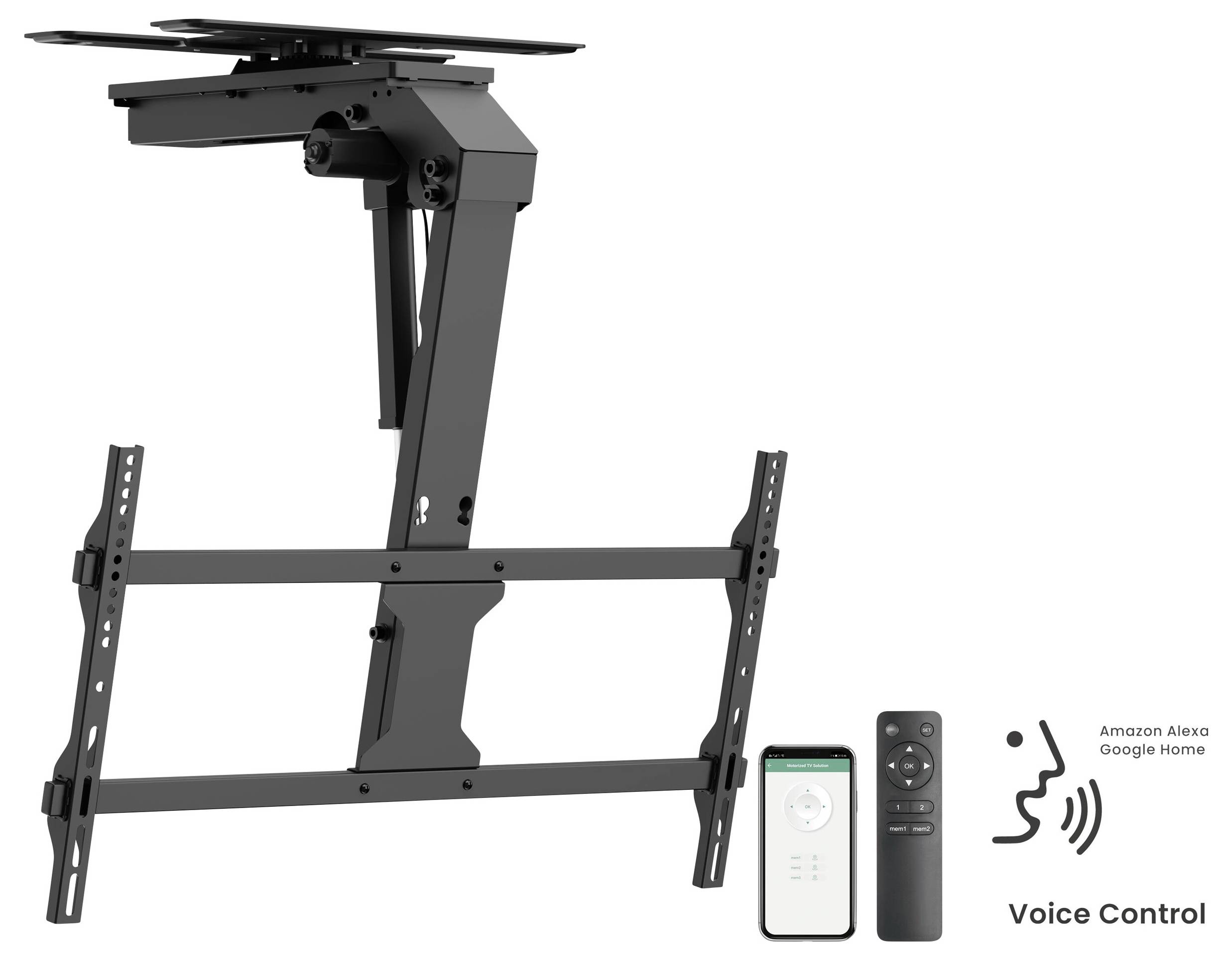 Die motorisierte TV-Deckenhalterung bietet Sprachsteuerungskompatibilität mit Amazon Alexa und Google Home, Fernbedienung und Nutzung per Smartphone-App.