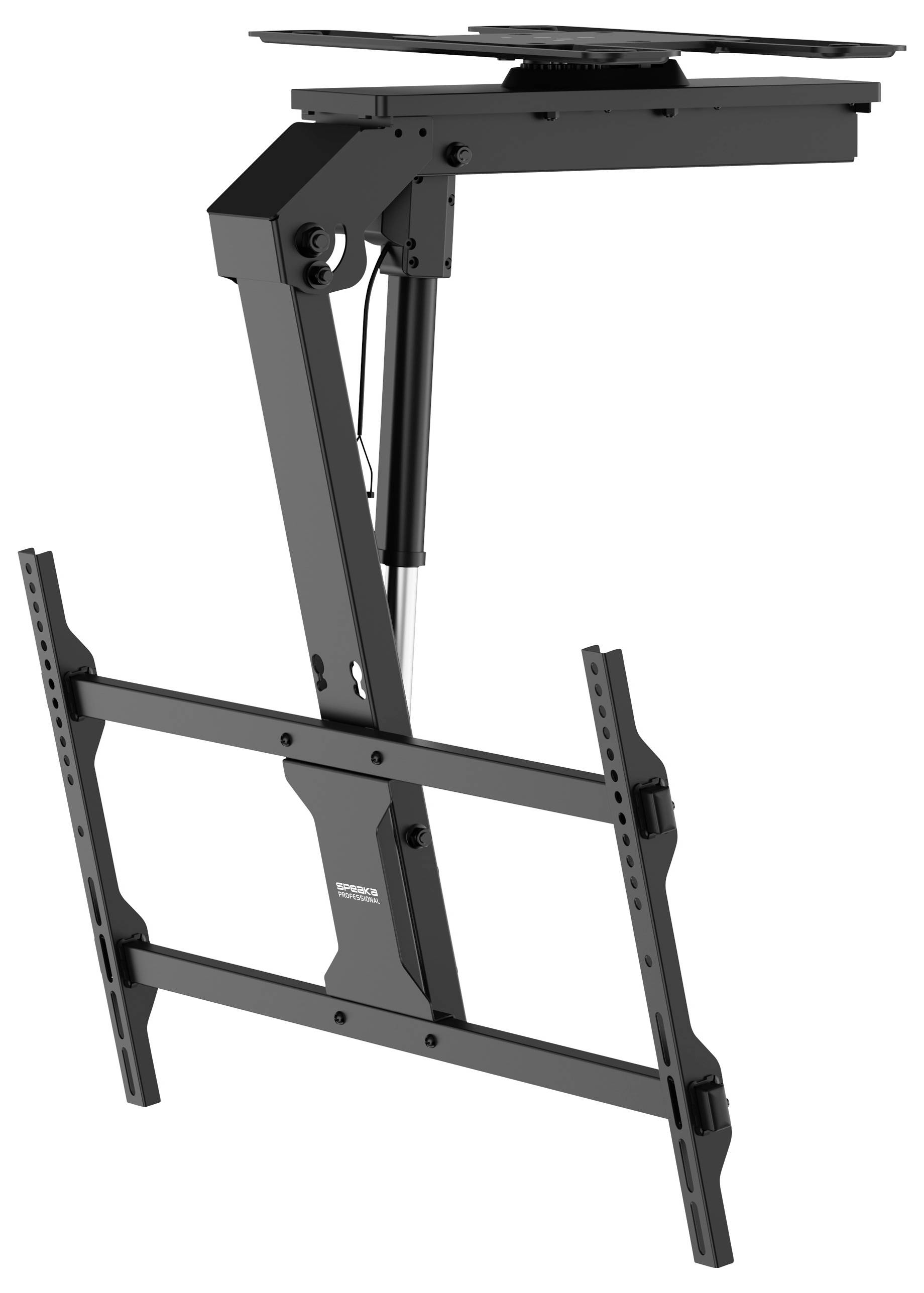 Eine schwarze motorisierte Deckenhalterung für Fernseher mit verstellbaren Metallarm für Neigung und Schwenkung, die Fernseher sicher in verschiedenen Positionen hält.