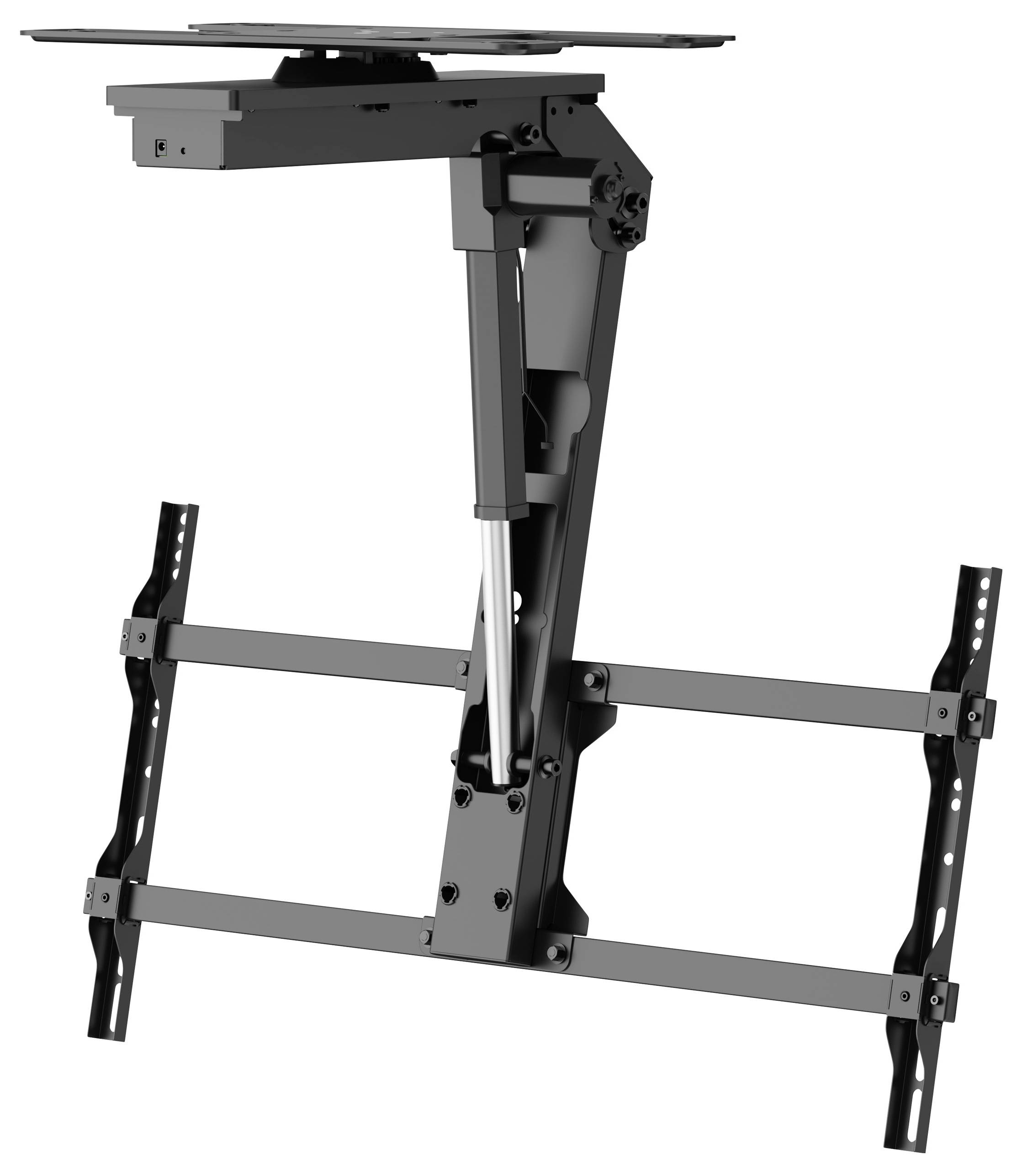 Motorisierte TV-Deckenhalterung mit verstellbaren Armen und Neigungsfunktion, entwickelt für sichere Installation und Platzersparnis in Heimkinos.